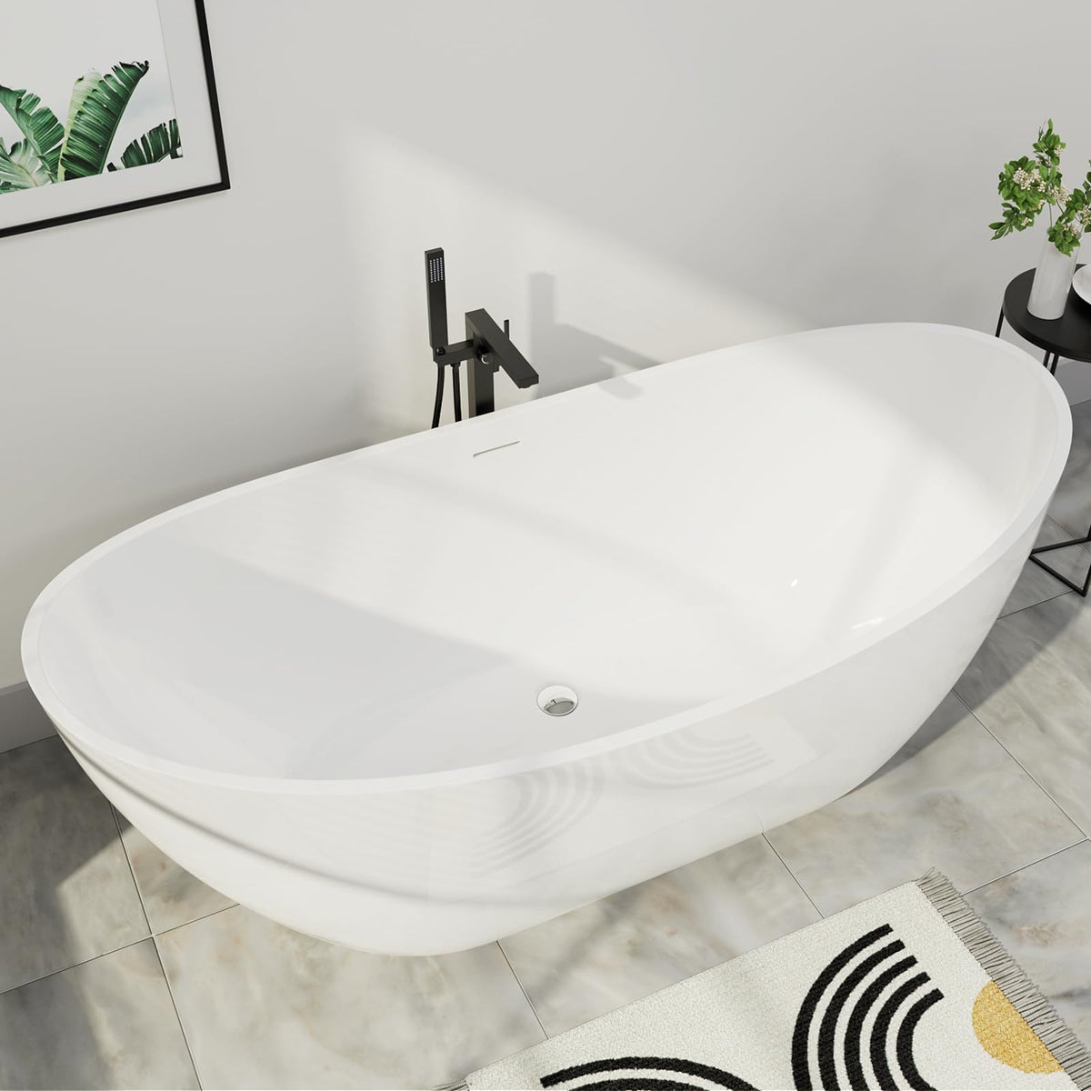 Mokleba 62" Lucite Acrylic Freestanding Bathtub, Double Slipper Shape Contemporary Soaking Tub with Toe-tap Chrome Drain, Slotted Overflow, cUPC Certified, Glossy White