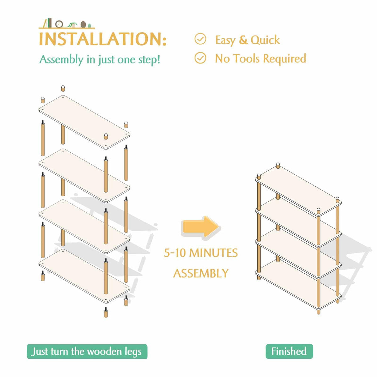 IOTXY 5-Tier Wooden Shelf Bookcase - Modern Open Bookshelf, Free Standing Storage Rack, Multifunctional Display Stand for Home and Office, Oak, Rectangle