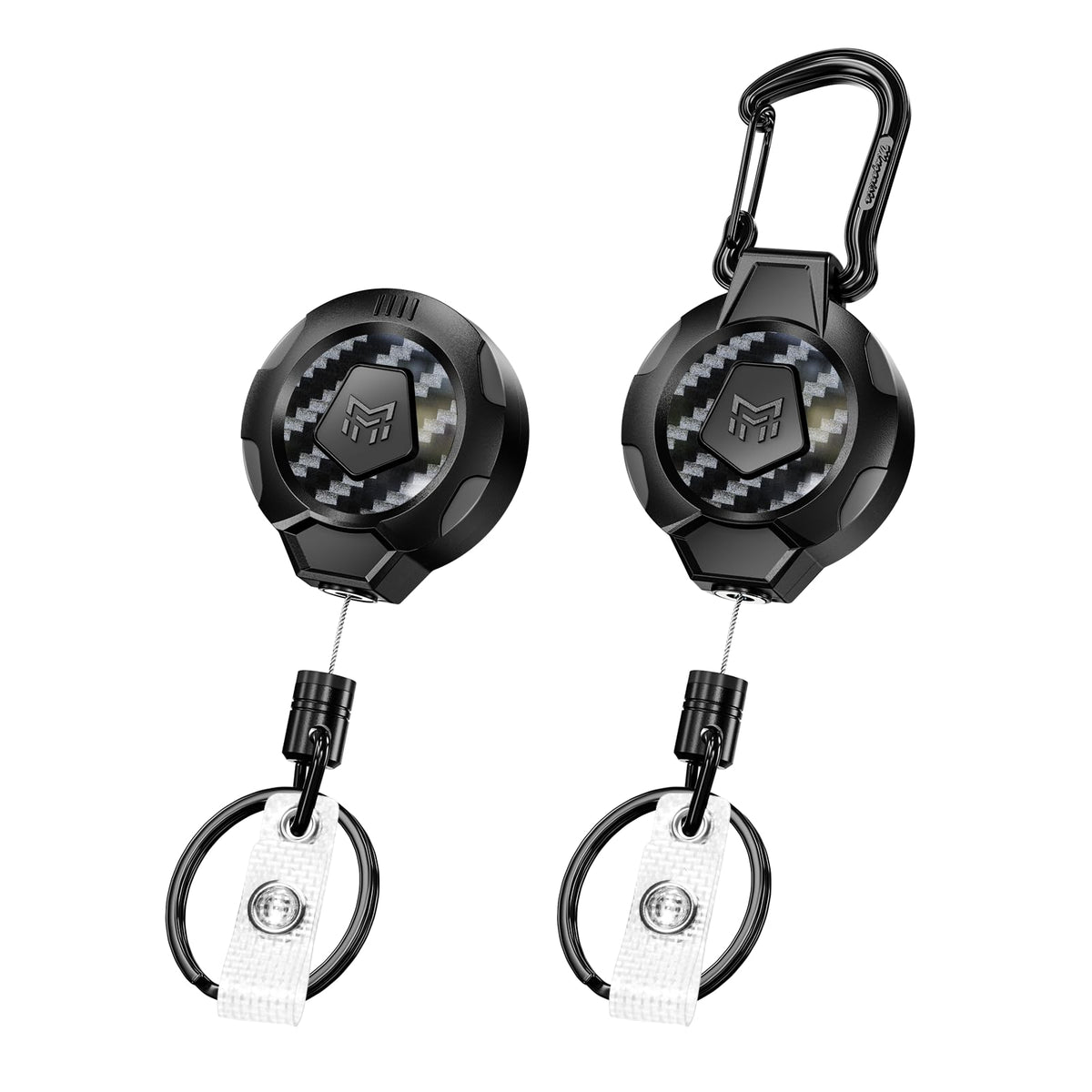 MNGARISTA Upgraded Heavy Duty Retractable Keychain, Belt Clip Ver. & Carabiner Ver., 10 oz Retraction, 31.5" Stainless Steel Cable, 3K Carbon Fiber Tactical ID Badge Reel Key Chain Retractor, 2 Pack