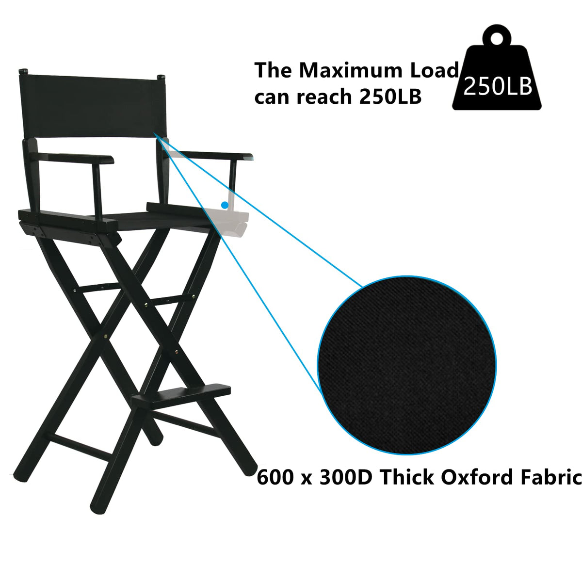 JXUFDHO Tall Directors Chair Foldable 46'', Makeup Chair Black for Makeup Artist, 250lbs Capacity Solid Hardwood,Black