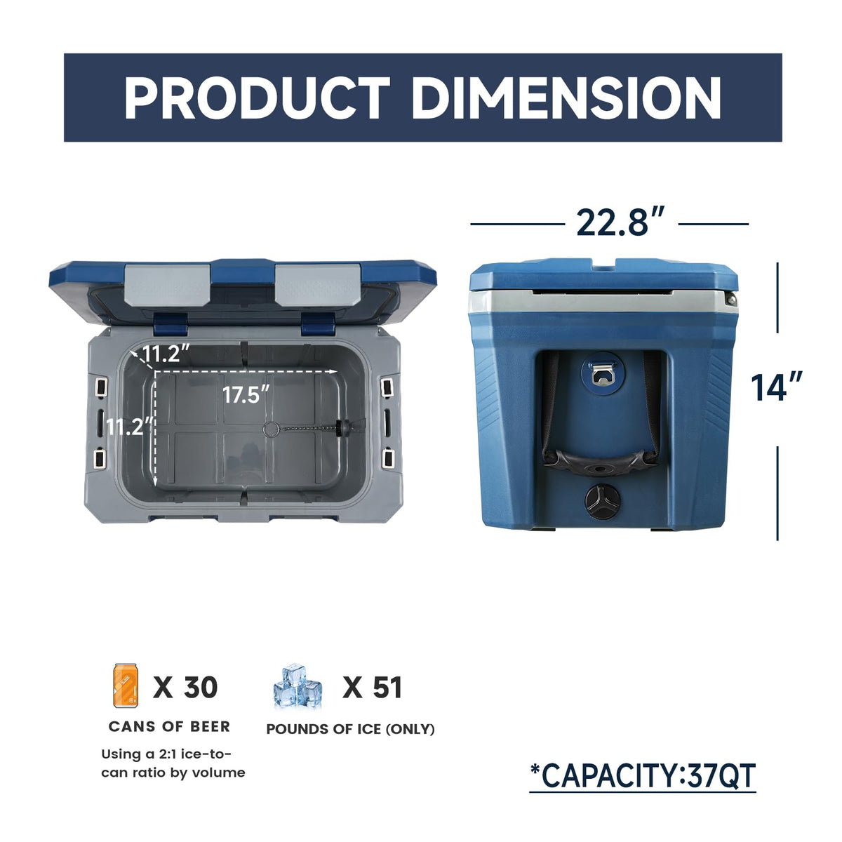 EchoSmile 35 Quart Insulated Cooler, Outdoor Portable Hard Cooler Ice Chest Box w/ 2 Cup Holders, Drain Plug, Bottle Opener, 3-Day Ice Retention for Camping, Beach, and Picnic,Navy