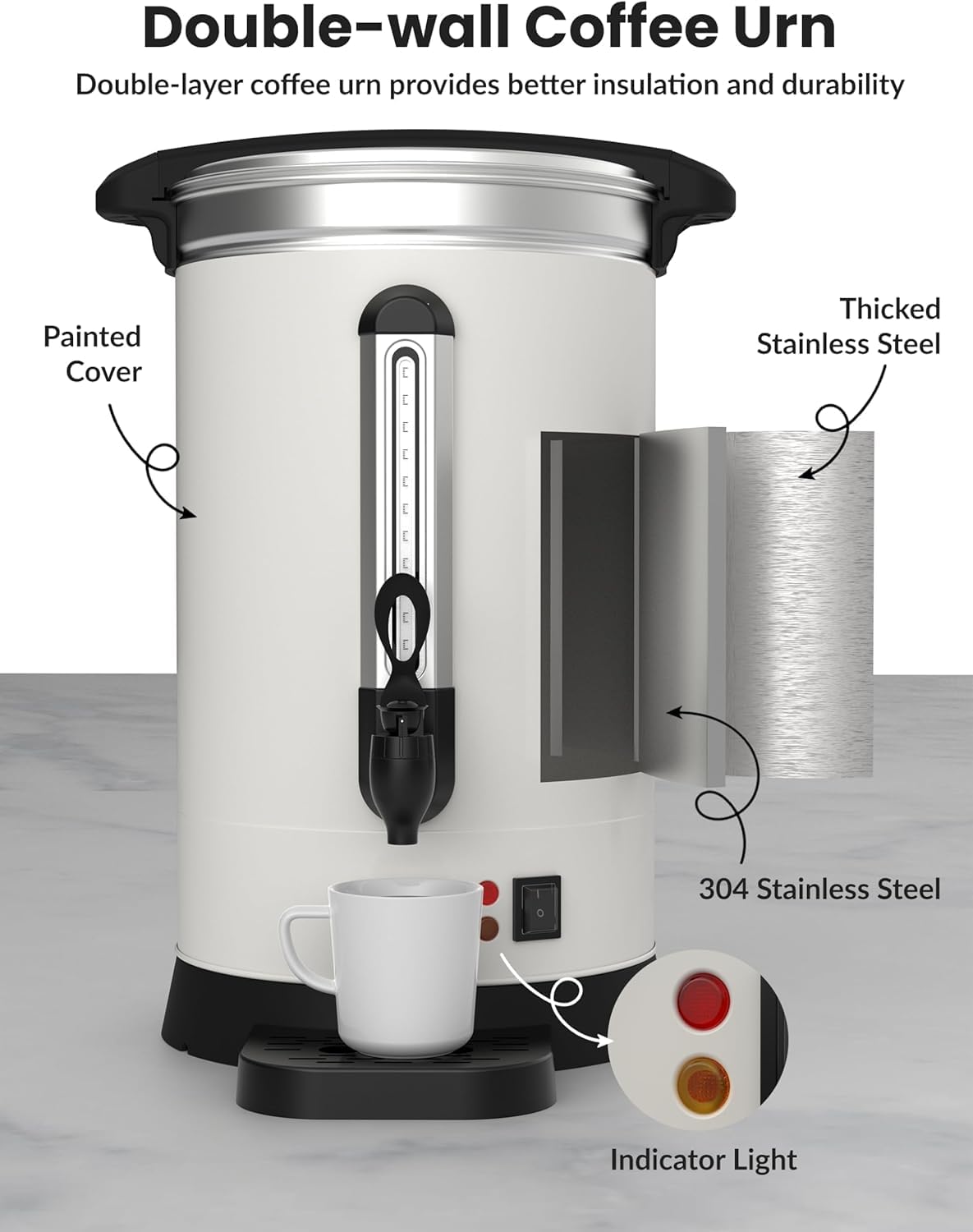 ExploreHorizon 18L/4.8 Gallon Large Commercial Coffee Pot,120 Cups Coffee Urn Stainless Steel Electric Coffee Maker,Double Wall Hot Beverage & Water Dispenser Quick Brew Dispenser