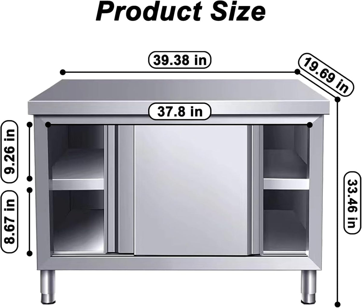EHONXI Stainless Steel Commercial Worktable w/Sliding Doors for Prep & Work, 39" x 20" Commercial Kitchen Prep Table, Heavy Duty Workbench w/Cabinet for Home, Restaurant, Hotel and Garage