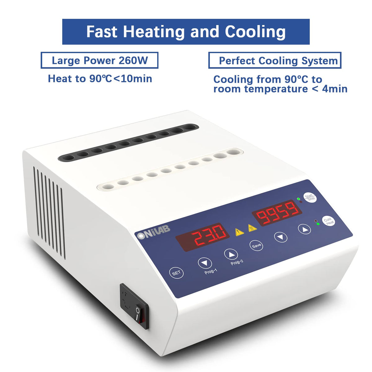 ONiLAB Gel Heating Machine with Heating and Fan Cooling Modes,4x5ml,16x 1ml-2.5ml Holes, PRP PPP Gel Maker Heater with Timer 0-99min59s or Continuous Mode, 2 Stored Programs,10-90℃,260W,110V