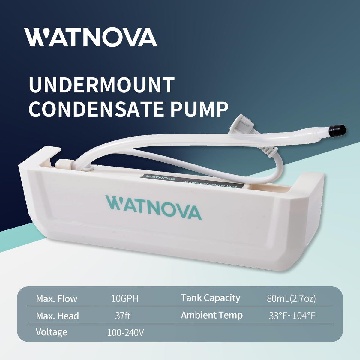 WATNOVA Undermount Mini Split Condensate Pump, Quiet 19 dB HVAC Drain Pump with Probe Sensor, 100-240V, 10 GPH, 37 ft Max Lift, Safety Switch for Wall-Mounted AC, Dehumidifier, Furnace