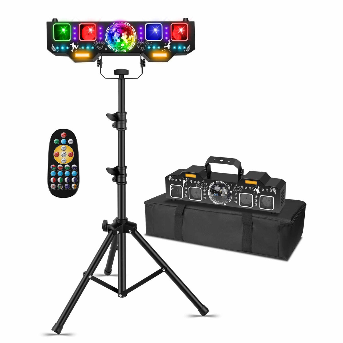ENDYSHOW DJ Light with Stand,7IN1 DJ Disco Party Light with Stand&Carry Bag RGB Par Lights,Rotating Ball,Strobe,UV Lighting by DMX Sound Activated Remote Control for Parties Gig Bar Stage