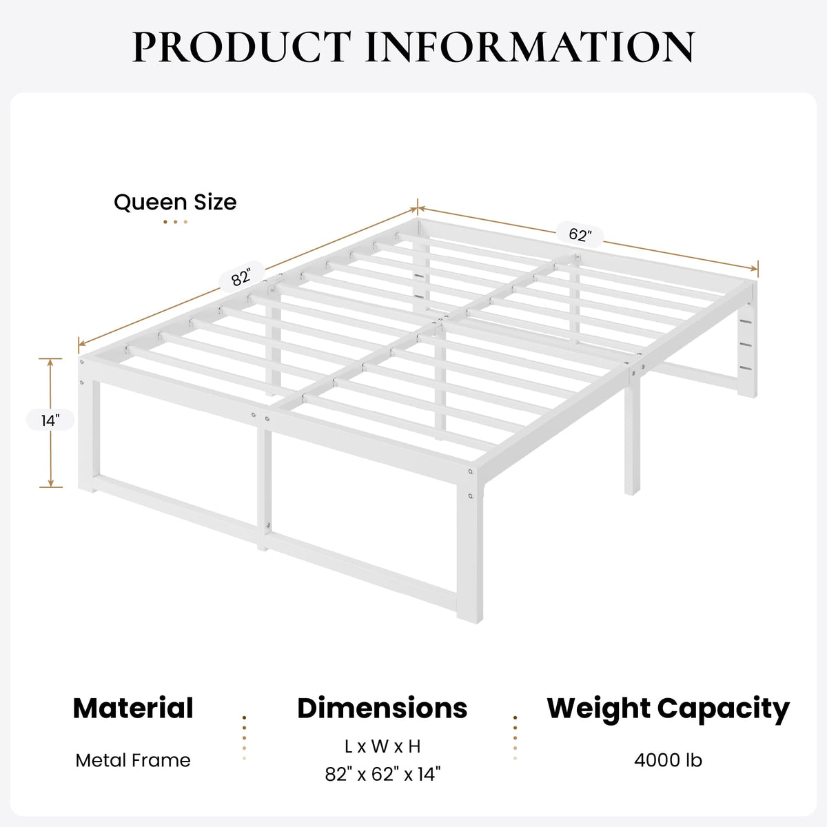 SHA CERLIN 14 Inch Heavy Duty Queen Bed Frame, 4000 lbs Capacity Metal Platform Beds with Reinforced Legs,No Box Spring Required,Easy Assembly,White