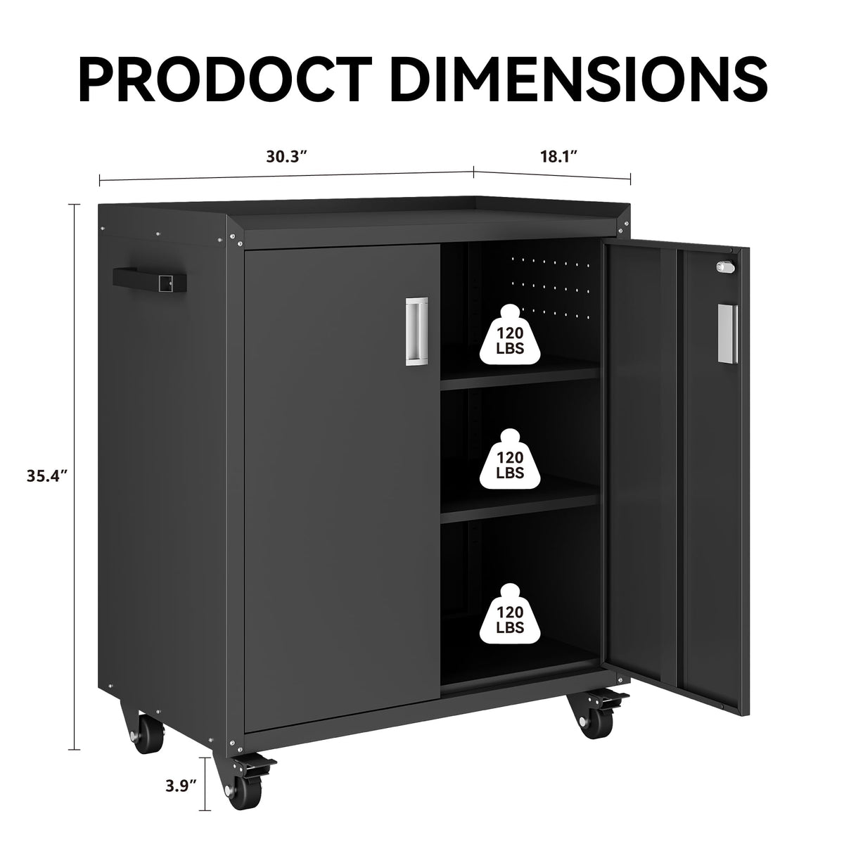 COFaR Heavy-Duty Rolling Storage Cabinet, 2-Door Metal Garage Cabinet with 2 Adjustable Shelves, Lockable Wheels & Locking Doors, 35"H Large Capacity Tool Chest for Workshop, Garage, Warehouse - Black