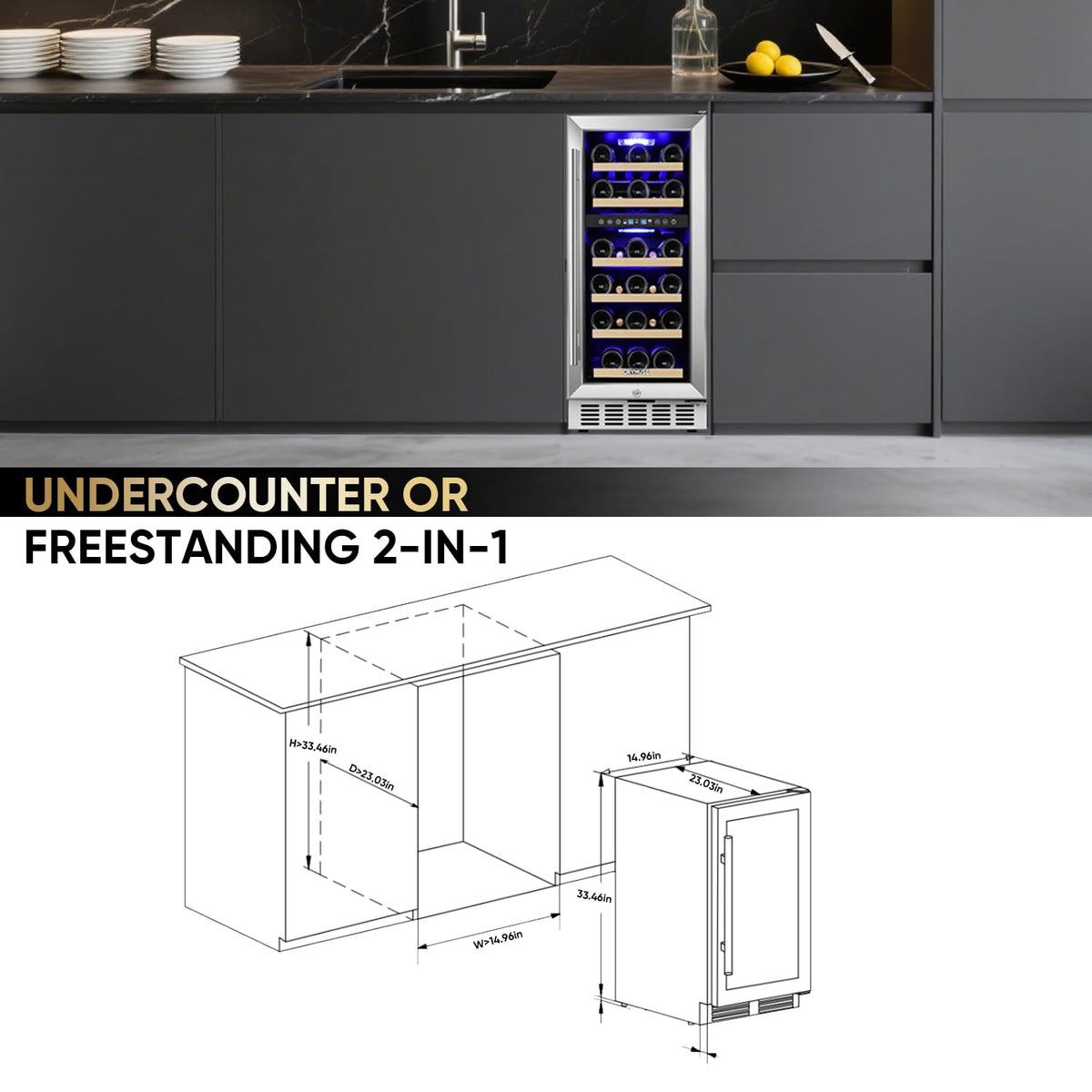 15 Inch Wine Cooler Under Counter, 30 Bottle Dual Zone Wine Fridge with Stainless Steel Glass Door, Built-In or Freestanding Wine Cellar with Digital Temperature Control for Home, Kitchen, or Office