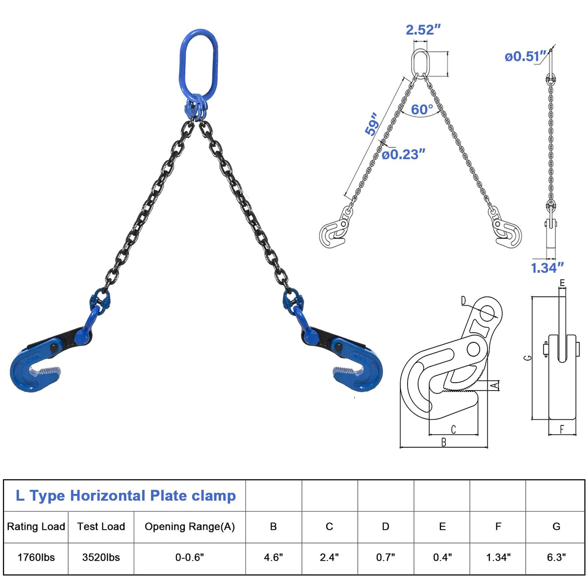 Horizontal Steel Plate lifting clamp kit-0.8t capacity with High Strength Manganese Steel 1.5m Chain|ASME B30.20 Certified plate clamp & Rigging Set