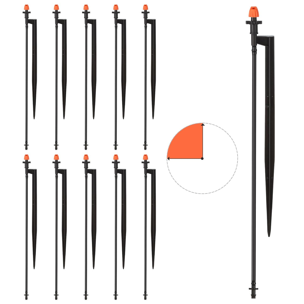 Drip Micro Sprinkler Heads with Stake: 90 Degree Sprinkler Nozzle with 1/4" Drip Irrigation Tubing - 10 Pack Drip Spray Emitters on 12 Inch Stake for Garden Water System