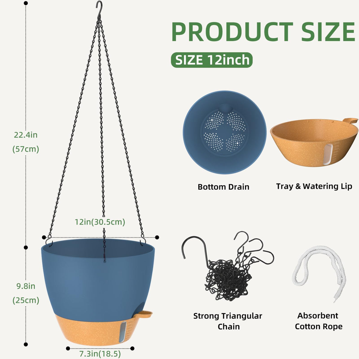 ZMTECH 12 Inch Large Self Watering Hanging Planters for Indoor Outdoor Plants - Water Level Indicator & Removable 60 Oz Reservoir, 1 Pack Plastic Hanging Basket for Window Porch Garden Balcony, Blue