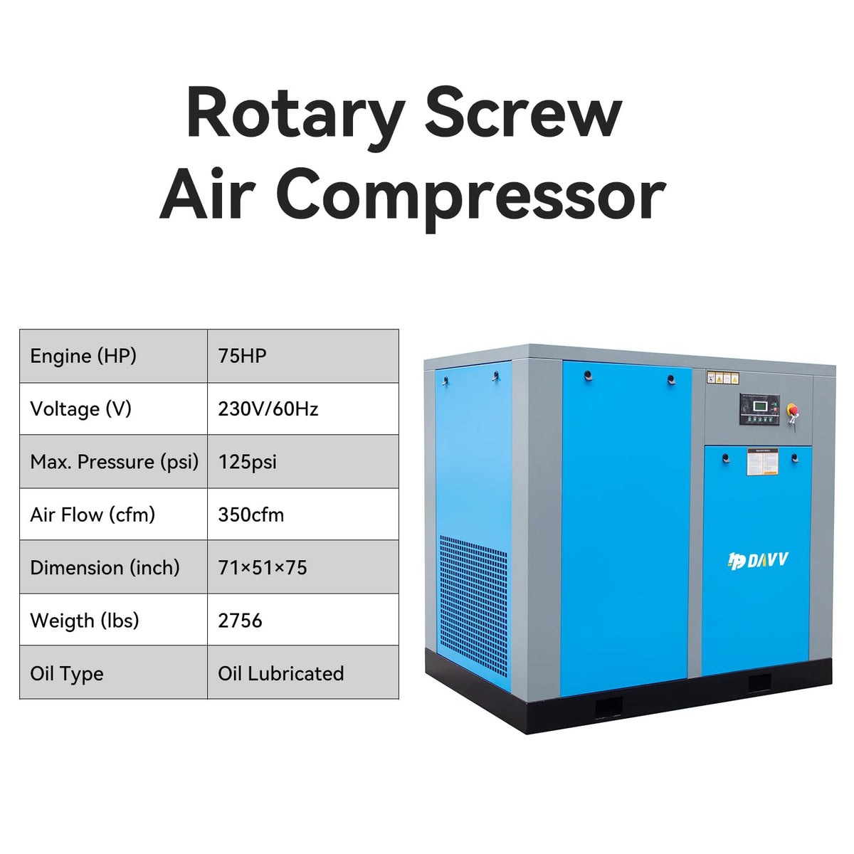 HPDAVV Rotary Screw Air Compressor 55KW 75HP 208-230V/60Hz/3-Phase Heavy Duty Stationary Industrial Air Compressed System 350CFM Max.Pressure 125PSI Commercial Air Compressor