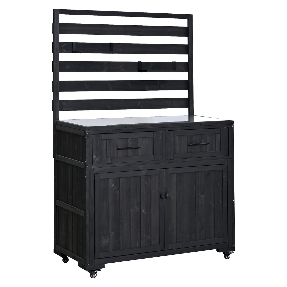 GDFStudio Junlyn Patio Kitchen Island Cart with Storage, Wooden Outdoor Storage Cabinet with Stainless Steel BBQ Prep Table Top, Drawers, Shelves and Lockable Wheels, Garden Potting Bench, Black