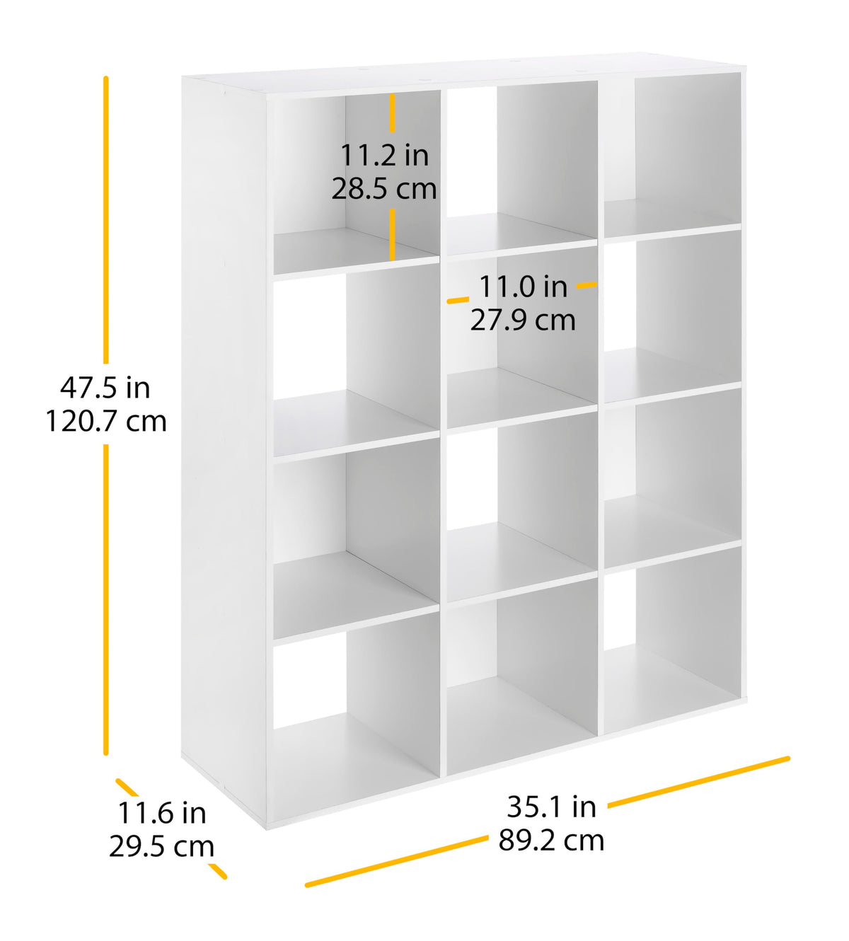 Whitmor 12 Cube Storage Organizer, 4 Tier Stackable Mdf Wood Bookcase, Open Storage Display Bookshelf, Storage Cabinet for Living Room, Bedroom, Home, Office, 35.1"L x 11.6"W x 47.5"H, White