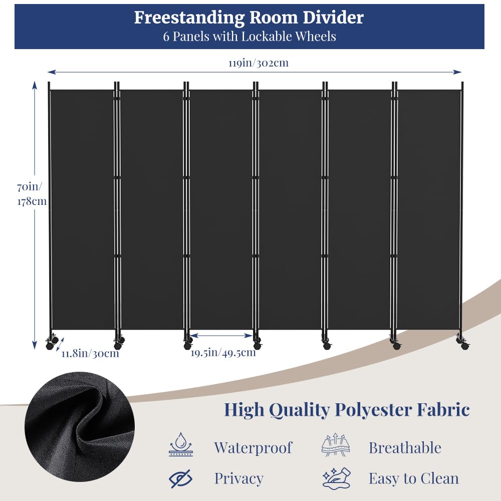 Kokorona 6 Panel Room Divider, 6FT Tall Rolling Privacy Screen with Lockable Wheels, Folding Wall Dividers Portable Room Divider for Room Separation, Included - Cover Strips, Black, 119''W x 70''H