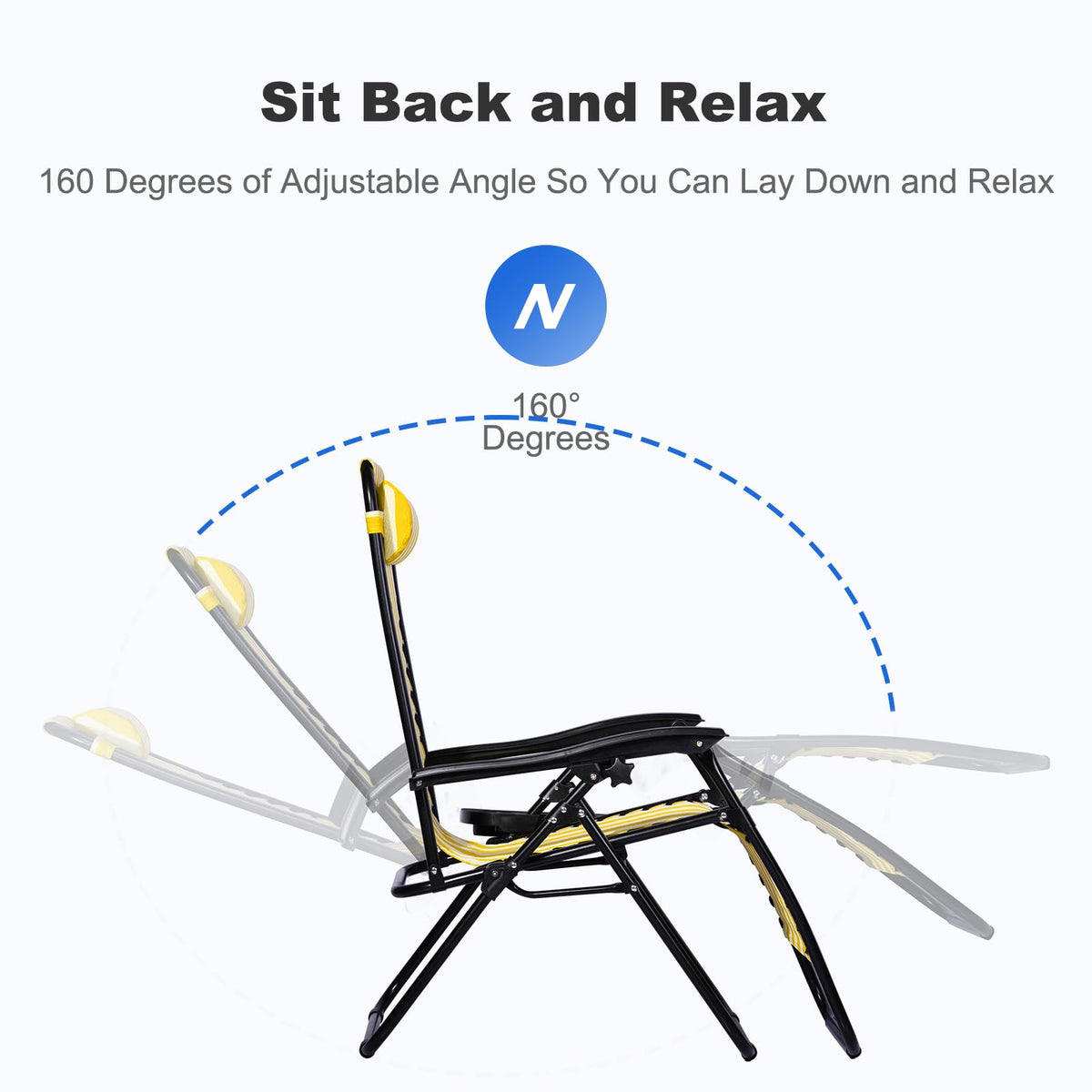 Nazhura Set of 2 Relaxing Recliners Patio Chairs Adjustable Steel Mesh Zero Gravity Lounge Chair Beach Chairs with Pillow and Cup Holder (Yellow Stripe)