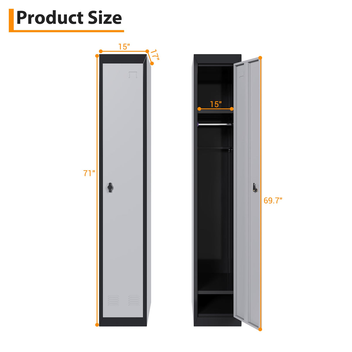 Narrow Metal Locker, 72 Inch Metals Broom Storage Cabinet with Shelves, Lockable Cabinets Doors & Keys Tall Brooms Suitable for School, Office, Home, Staff and Students Storage(Black & Grey)