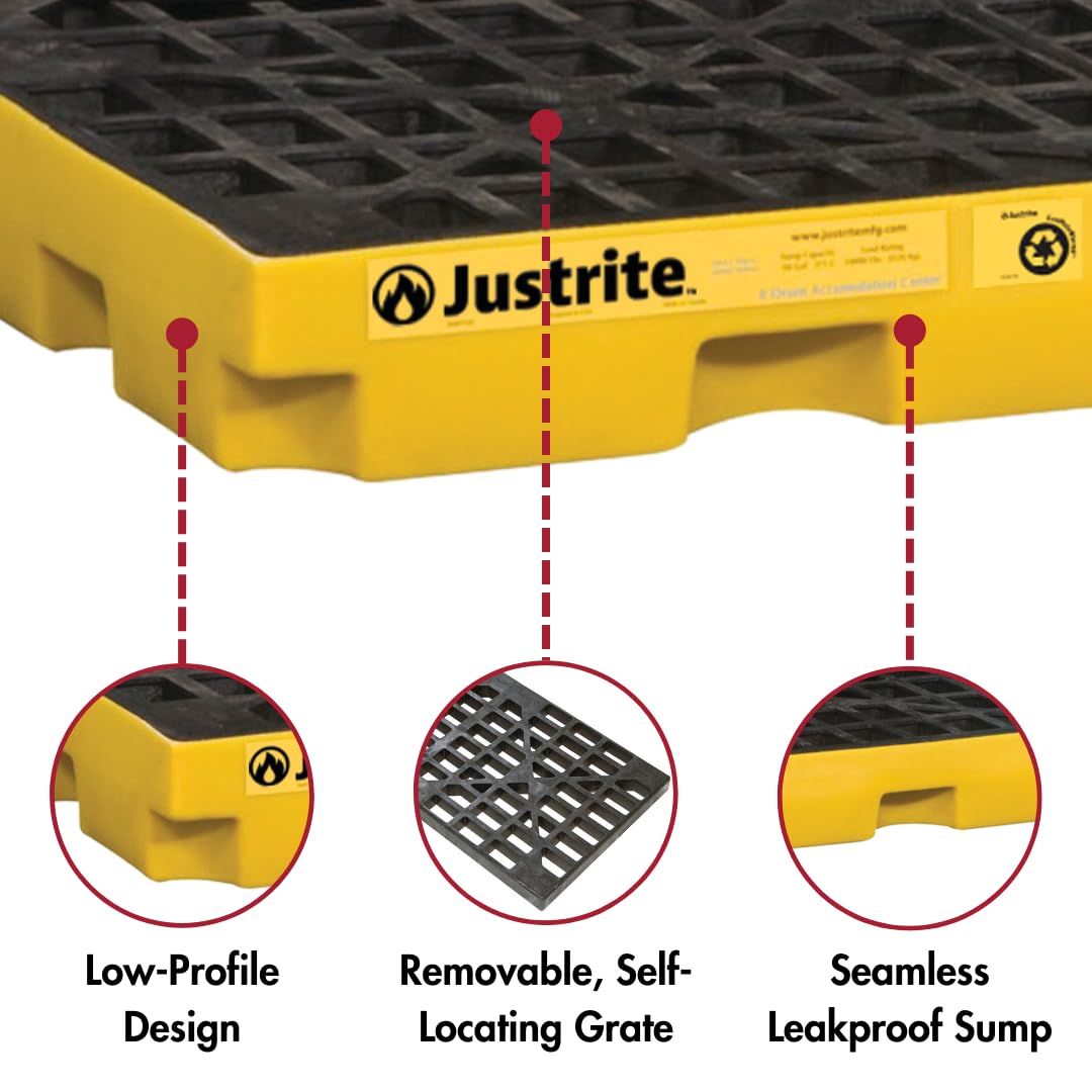 Justrite Low Profile 1 Drum Spill Containment Pallet Accumulation Center - 5.5" Tall - 12 Gal Capacity for 55 Gallon Drum Containment - Made in The USA from 30% Recycled Polyethylene - Yellow - 28652