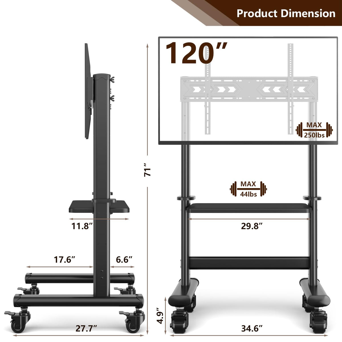 Mobile TV Cart Rolling TV Stand with Wheels for 55-120 Inch LCD LED Flat Curved Screens up to 250 lbs, Max VESA800x600 mm Heavy Duty Portable Floor TV Stand Large Base Trolley Height Adjustable