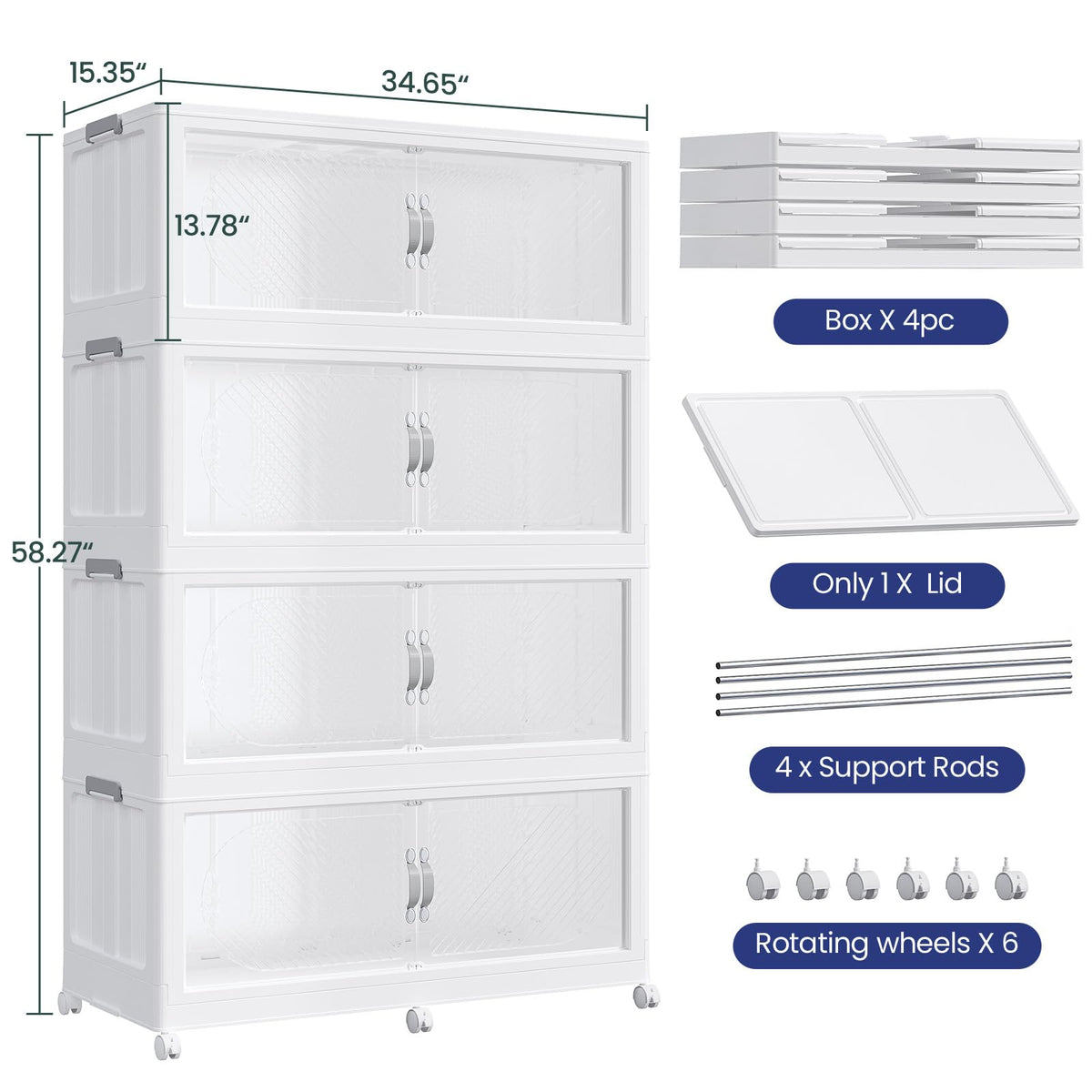 QAVABIN 960QT Extra Large Stackable Storage Bins with Lid, 240Gal Plastic Closet Organizers and Storage Drawer, Collapsible Cabinet Box with Wheels Clear Doors for Home Kitchen Office, 4Pack White