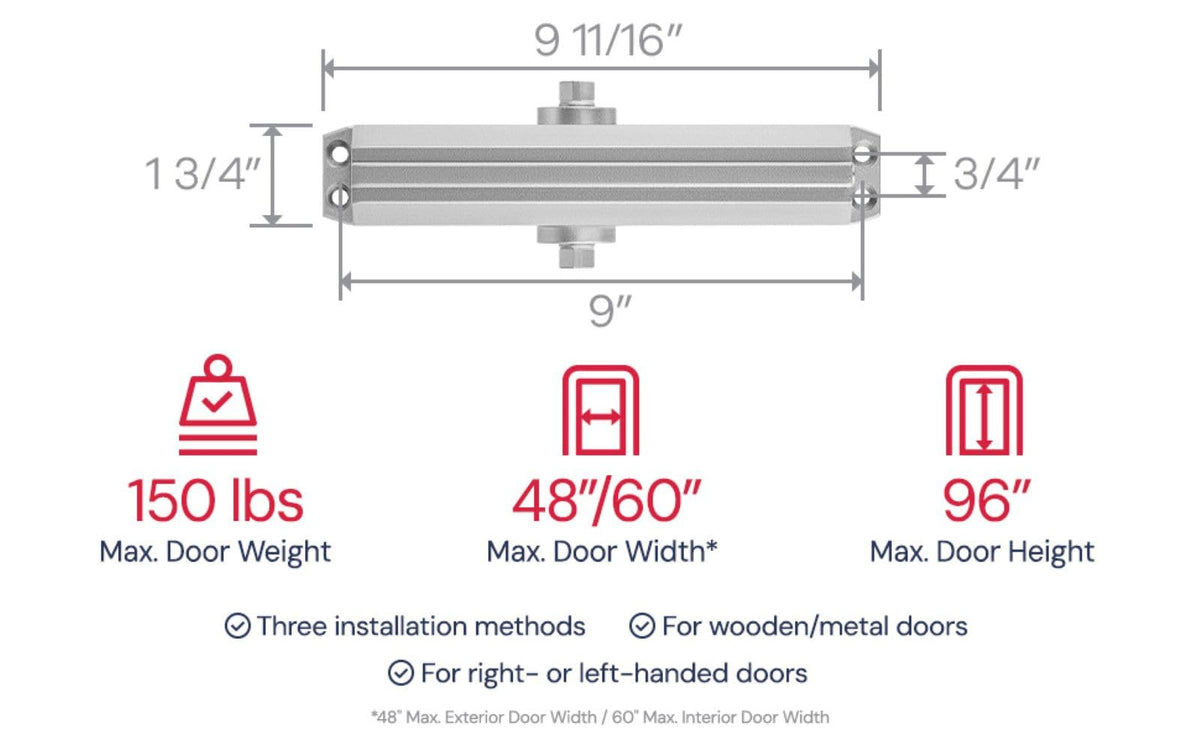 Lawrence Medium/Heavy Duty Door Closer Commercial Grade 1 - Surface-Mounted Commercial Automatic Door Closer with Adjustable 6-Speed Control and 3 Valves - Embassy Series LH5016
