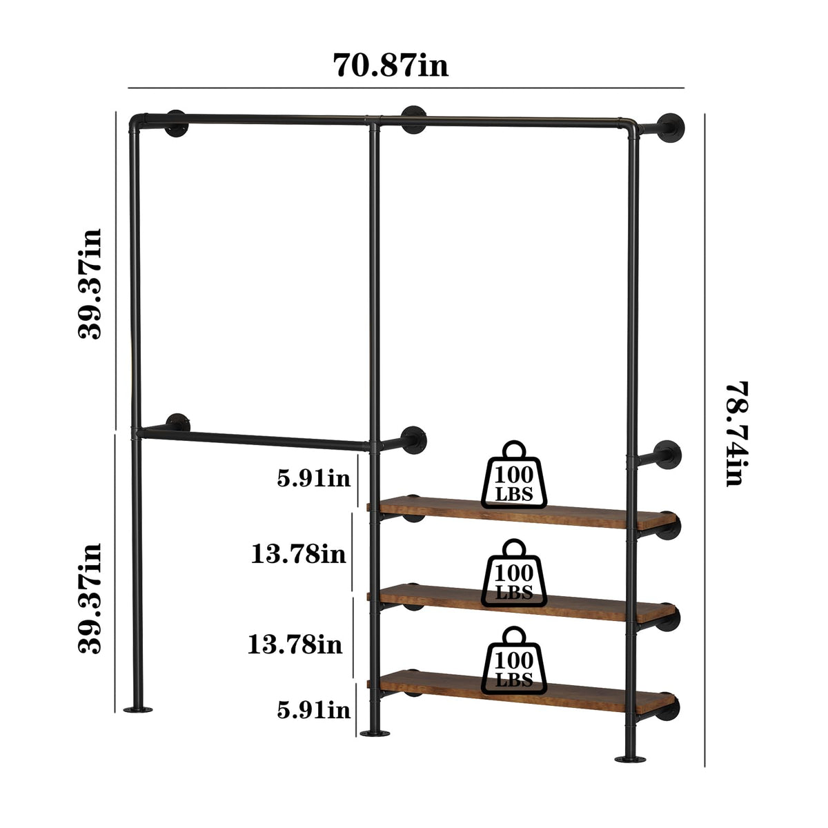 KAILNKISS Industrial Pipe Clothes Rack, Wall Mounted Clothing Rack with Shelves, Heavy Duty Closet Organizers Wardrobe Multi-Purpose Storage Clothes Hanging Shelf-70.8''L Black