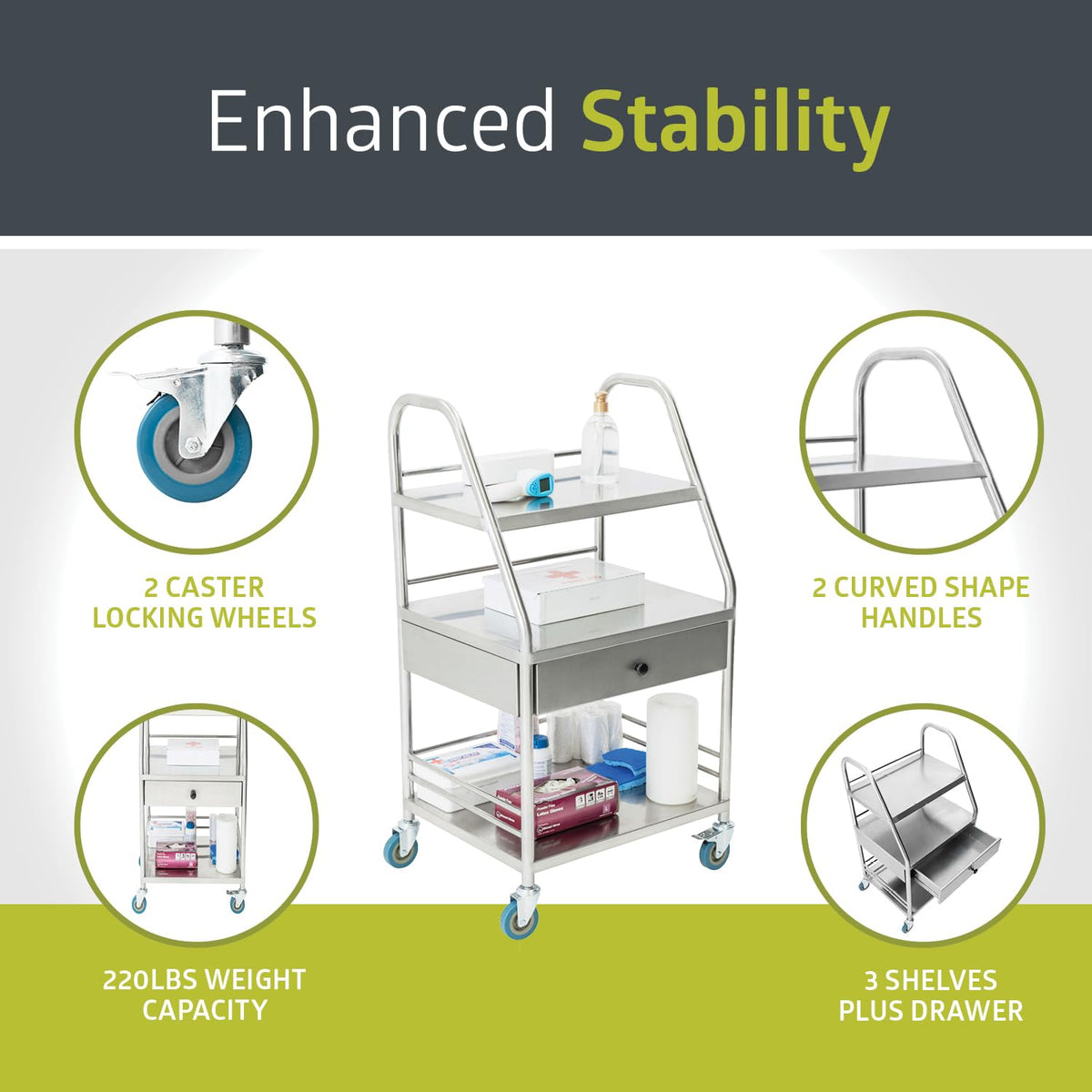 Pearington Rolling Medical and Lab Cart with 3 Shelves & Drawer, Transportable Workstation, Stainless Steel Mobile Storage Cart for Clinic, Salon, and More, 21.22'' L x 17.29'' W