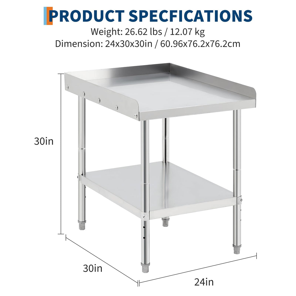 24 * 30 * 30inch Equipment Grill Stand Table, 400 Lbs Capacity Commercial Prep Table with Removable Baffle, NSF-Certified Stainless Steel Worktable, for Restaurant Kitchen Food Truck Outdoor BBQ