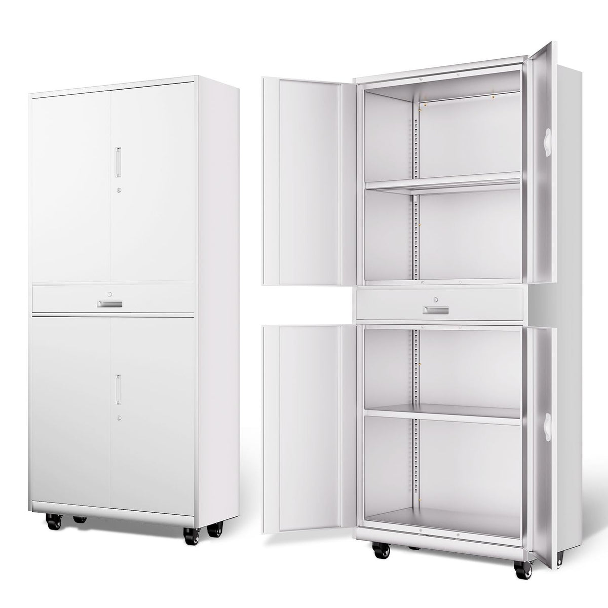 DNA Motoring 73'' Metal Storage Cabinet, Rolling Garage Cabinet with 1 Drawer and Adjustable Shelves, Lockable Heavy Duty Metal Locker for Garage,Office,Home,White, TOOLS-00630-WH-WH-A