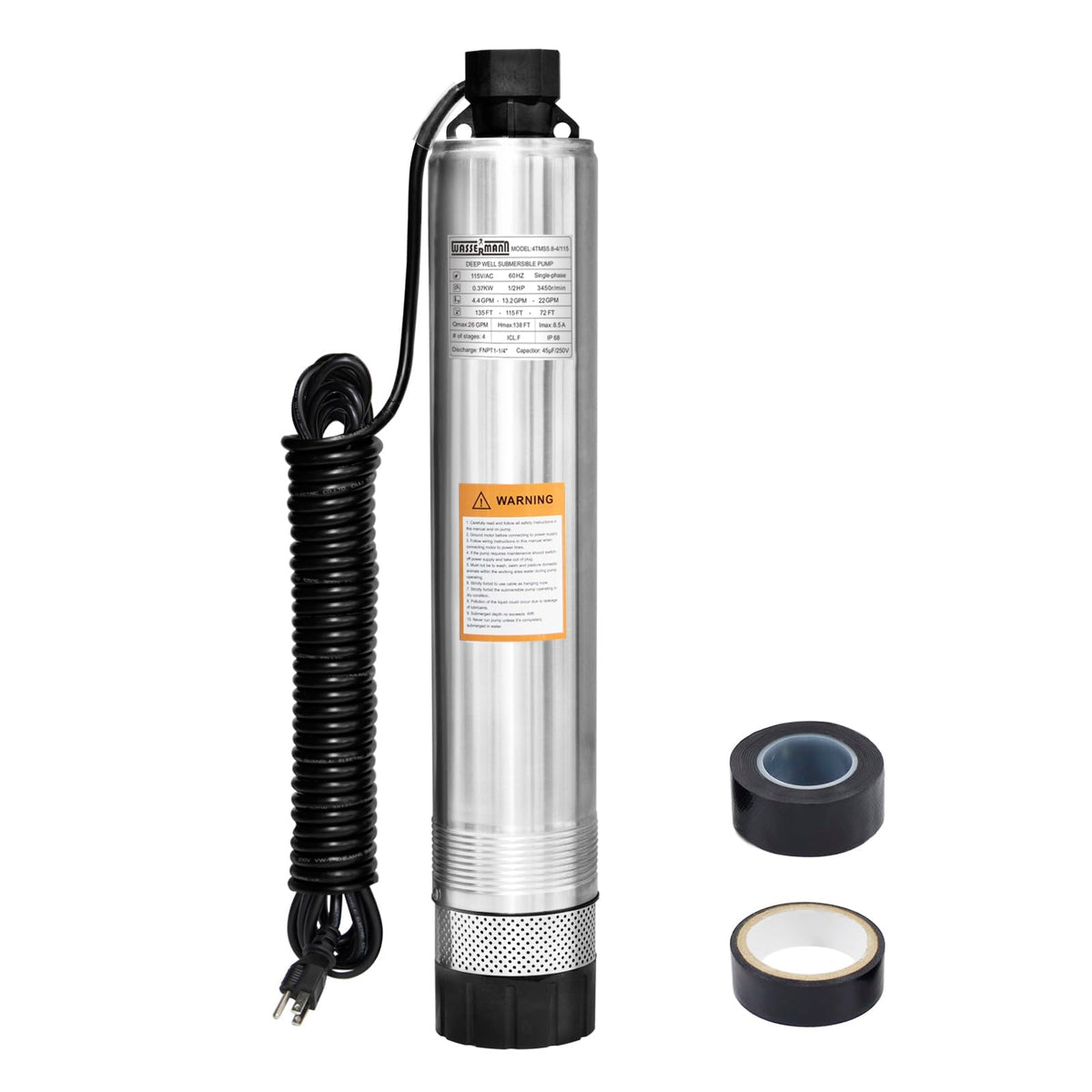 WASSERMANN 4" Septic Pump Submersible Effluent/Cistern Bottom Suction Pump with 33FT Cable,1/2HP,115V/60HZ,26GPM,138FT Head,Stainless Steel Deep Well Pump for Septic Tank Home