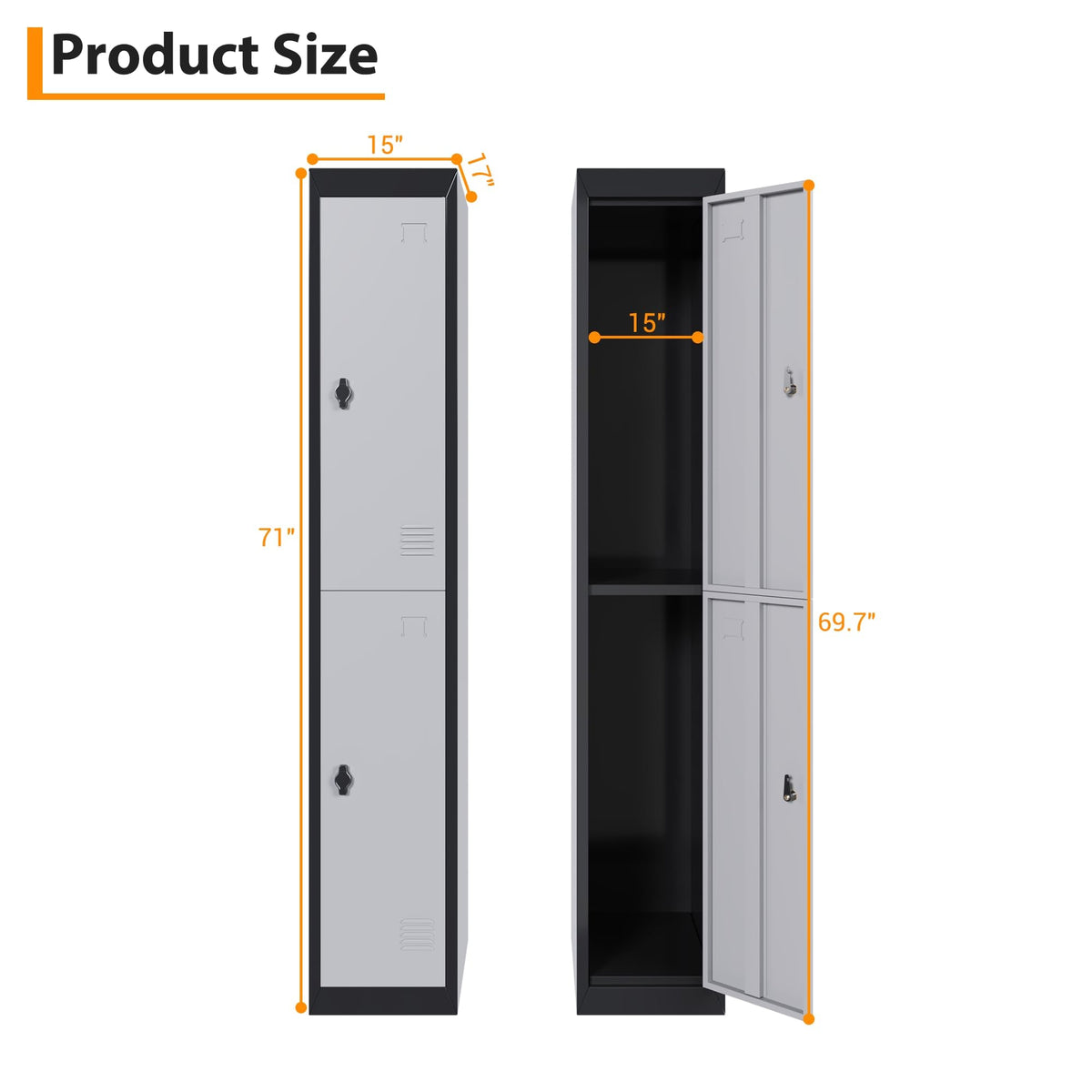 Metal Storage, Locker with 2 Doors and 2 Shelves, Storage Cabinet for Gym, School and Office, Gray.