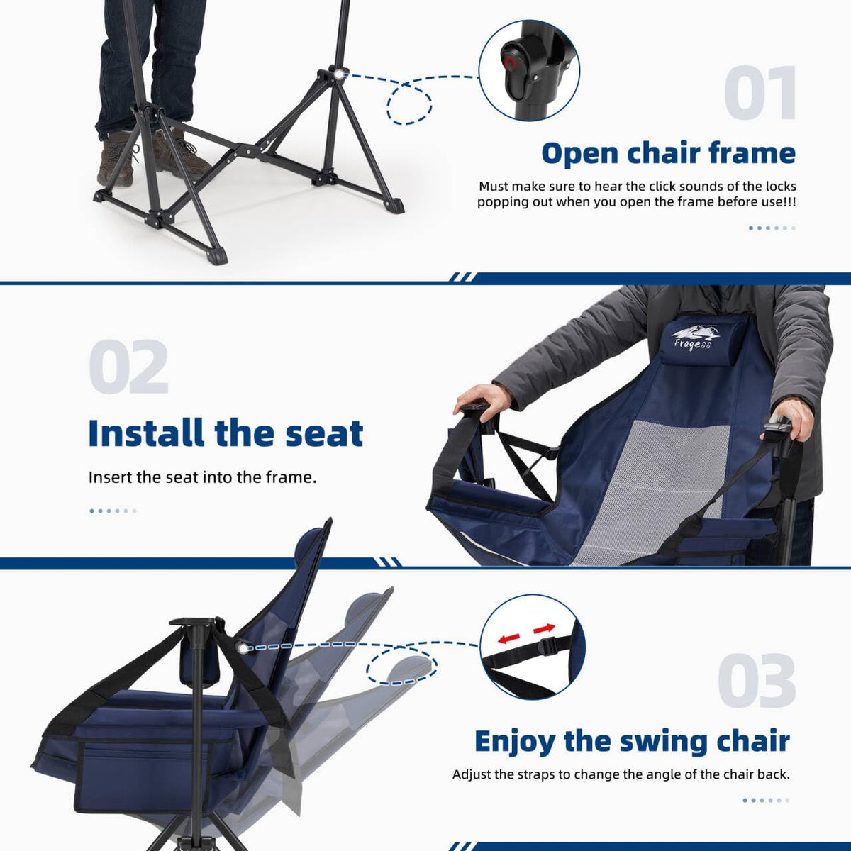 Fragess Hammock Camping Chair, Portable Camping Hammock Chair with Adjustable Back, Folding Hammock Chair Supports 330lbs, Rocking Camping Chair for Lawn, Camping, Patio, Traveling, Stargazer-Blue