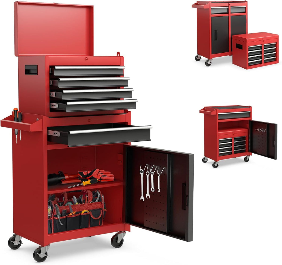 Heavy Duty 8 Drawer Tool Chest, Rolling Tool Box Cabinet on Wheels, 2-in-1 Detachable Metal Tool Storage Organizer for Garage and Workshop, Locking Steel Tool Cart with Portable Top Tool Box,Red&Black