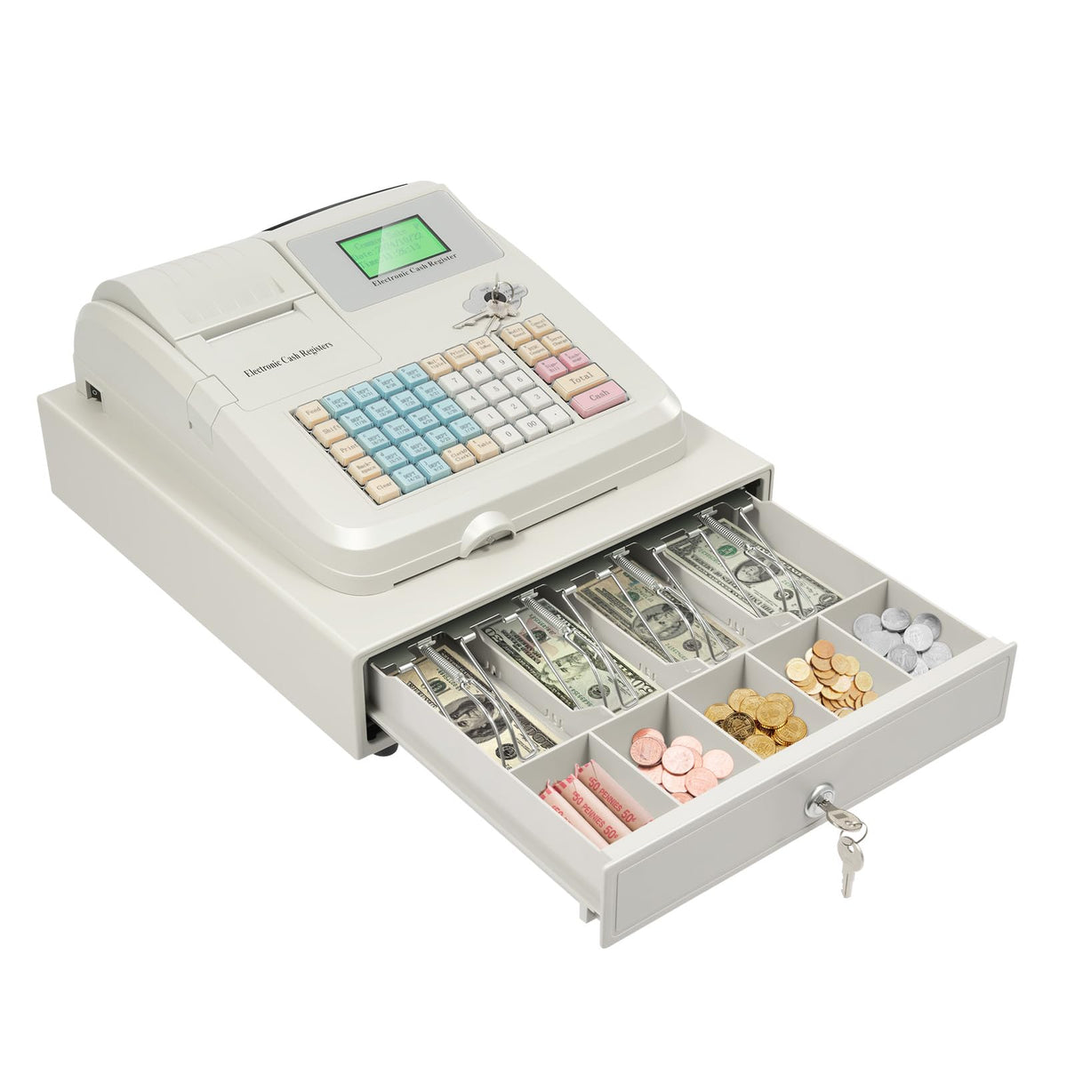48-Key Electronic Cash Register, 8-Digit LED Display Thermal Receipt Printing Cash Registe POS Bill Coins System w/ 4 Bill 5 Coin Cash Tray for Business Retail Restaurant