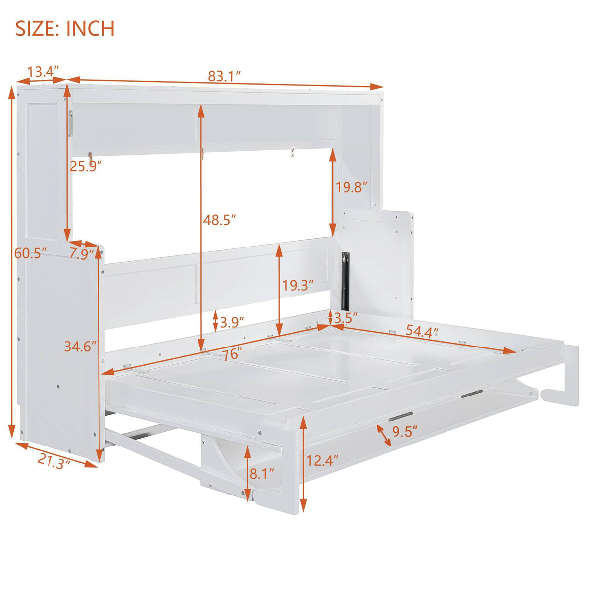 Ball & Cast Murphy Bed Full Size Hideaway Beds with Hydraulic Lift & Desk Design,Industrial Multifunction Wood Wall Cabinets Bedframe W/Hardware Chain,Space-Saving for Apartment,White