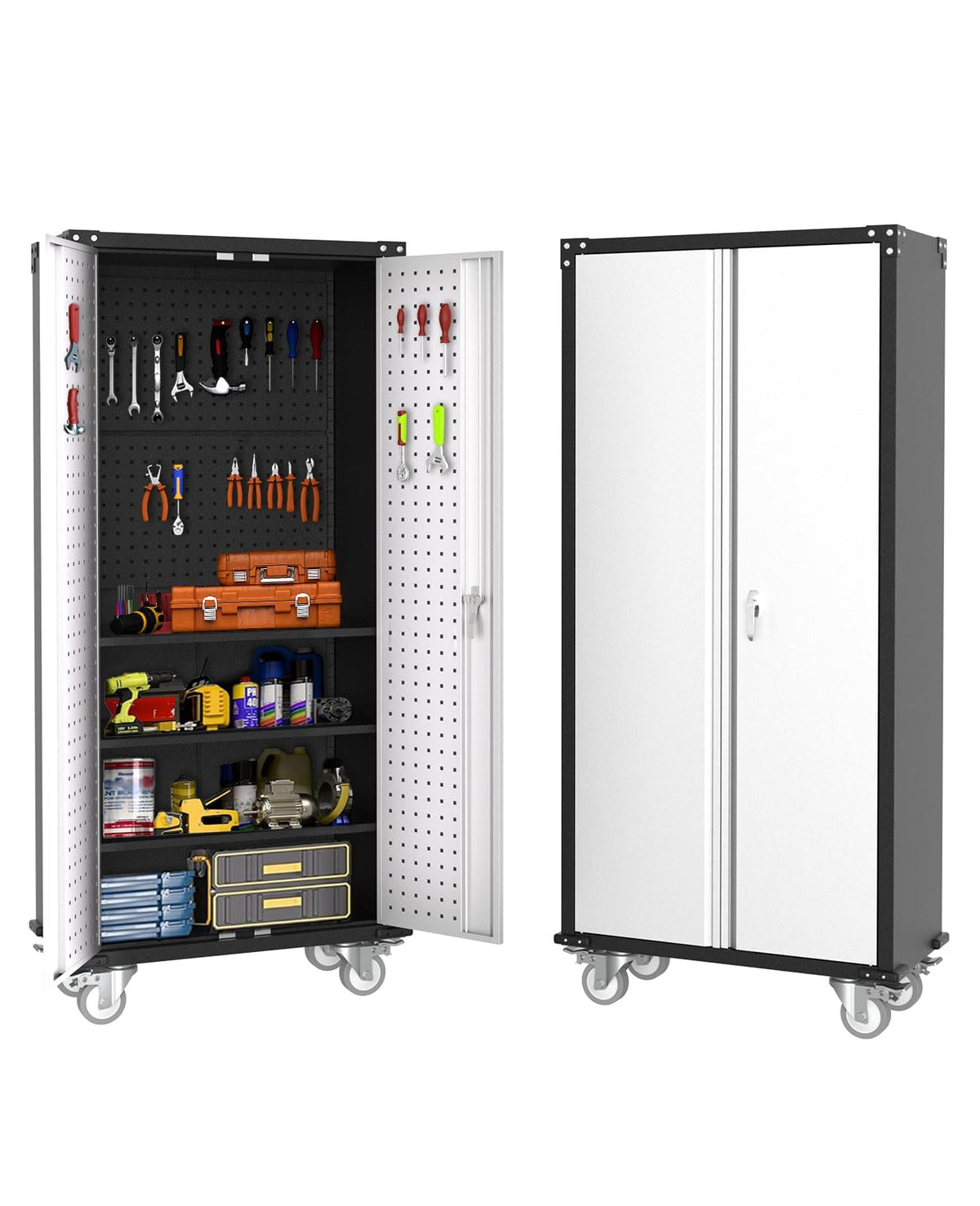 IDEALHOUSE Rolling Tool Cabinet with Lock, 72" Heavy Duty Steel Garage Storage, 4 Adjustable Shelves, Pegboard, Mobile Organizer for Tools, Workshop, Home, Industrial Steel Storage Cabinet On Wheels