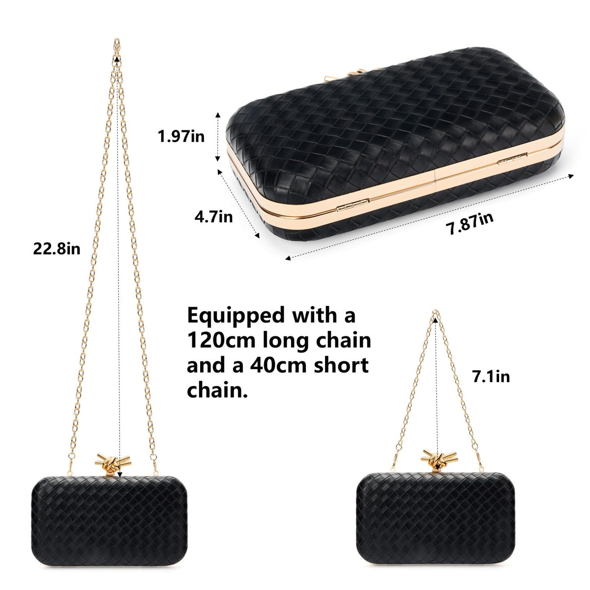 Gurina Elegant Woven PU Leather Clutch Purse for Women - Formal Evening Bags with Detachable Chain, for Weddings & Cocktail Parties (ZOOI Black)
