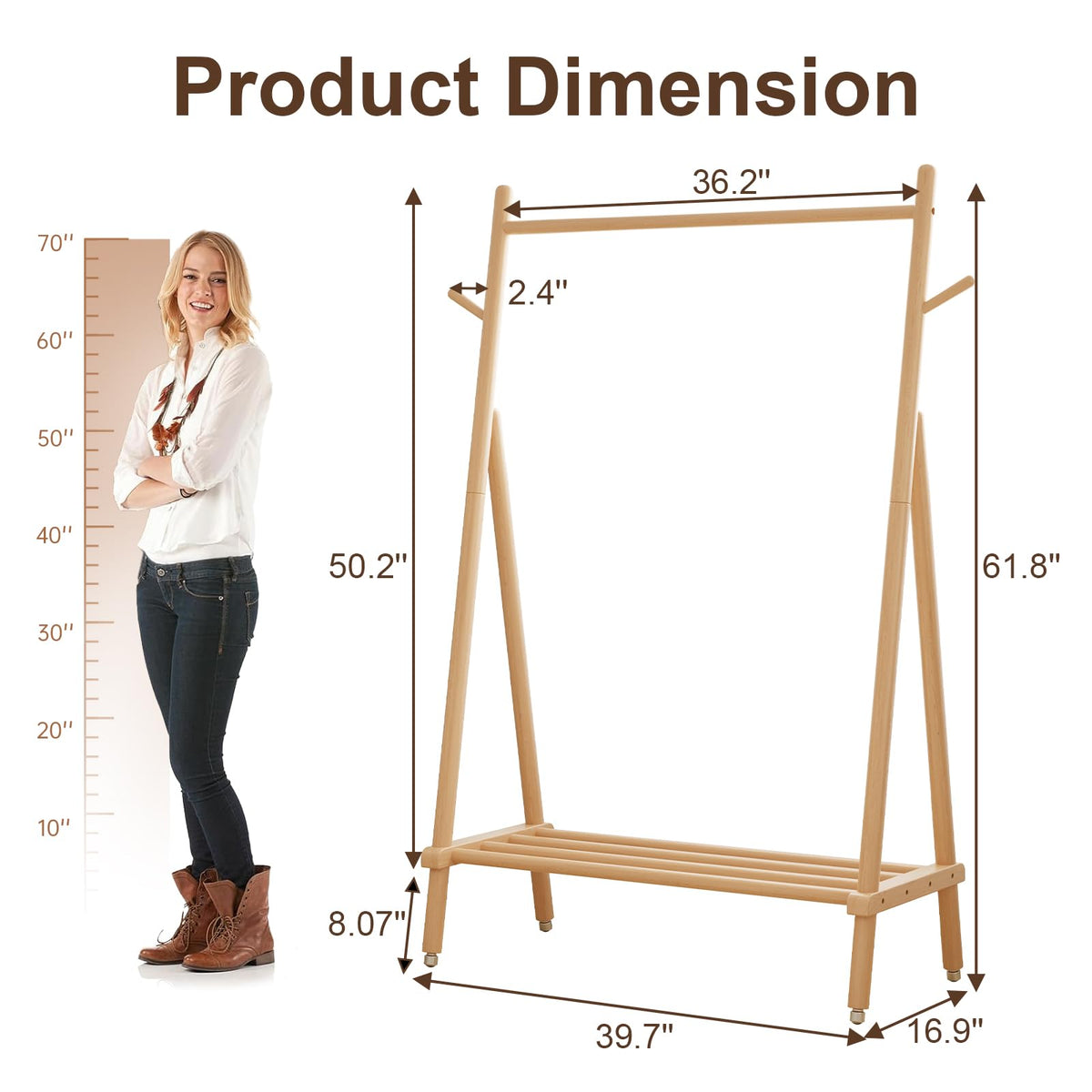 Muwuele Solid Wood Clothing Rack, Rolling Clothes Rack for Hanging Clothes, Garment Rack with Shelves Load 350 Lbs, Portable Closet Organizer on Wheels for Hanging Clothes (Natural)