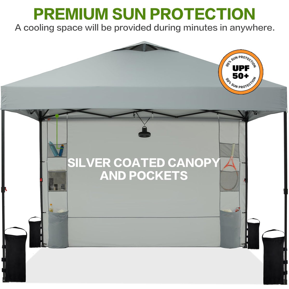 Tunbne 10'x10' Pop Up Canopy Tent with 1 Sidewall and 6 Pockets, One Push Setup, Instant Shade Tent with Vented Roof for Beach Patio Outdoor, Case, 8 Stakes, 4 Ropes, 4 Sandbags (Light Gray, 10x10)