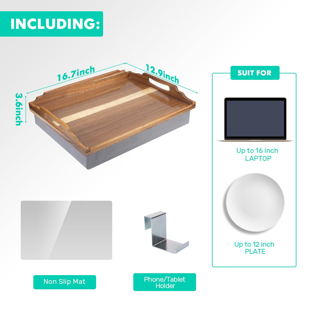 DRELIFAM Lap Desk with Cushion,Wooden Bed Tray Table for Eating,Lap Tray in Recliner,Breakfast Tray,TV Dinner Bed Food Trays (Acacia Wood A)