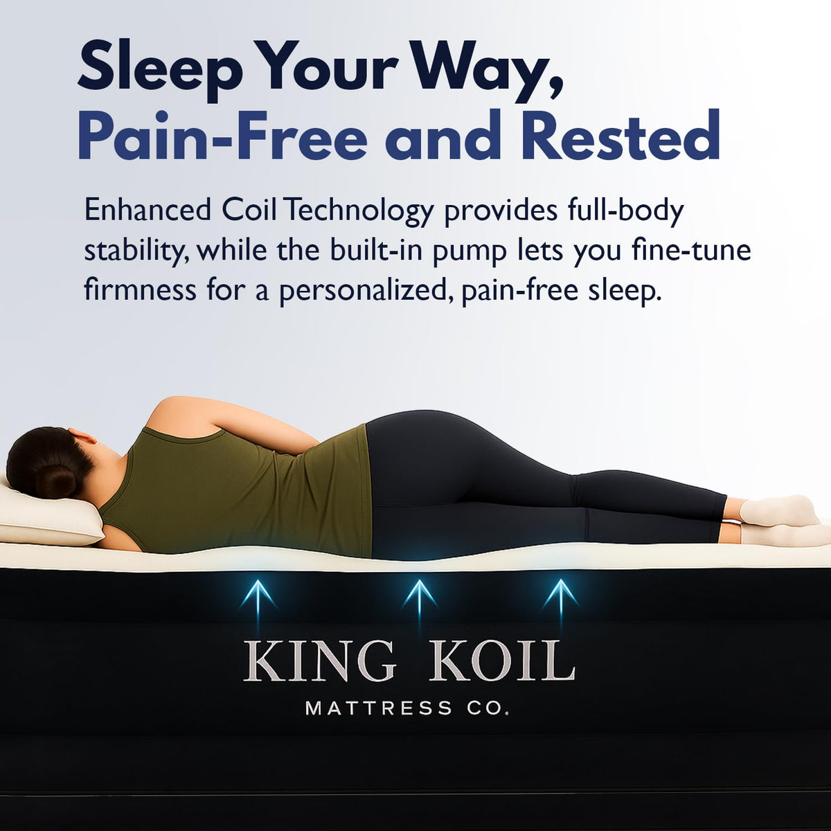 King Koil Full Size Plush Pillow Top Inflatable Air Mattress with Built-in Pump High-Speed Pump for Home, Camping, Guests, Luxury Double High Adjustable Blow Up Bed, Waterproof, 1-Year Warranty.