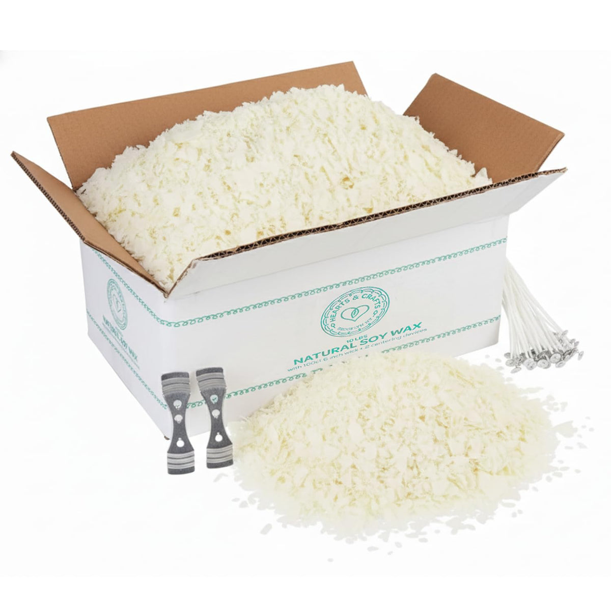 Hearts & Crafts Soy Candle Wax Kit - 10 lb Wax Flakes with 100 Cotton Wicks and 2 Wick Holders - DIY Supplies for Crafting Candles, Tarts, and Scented Creations