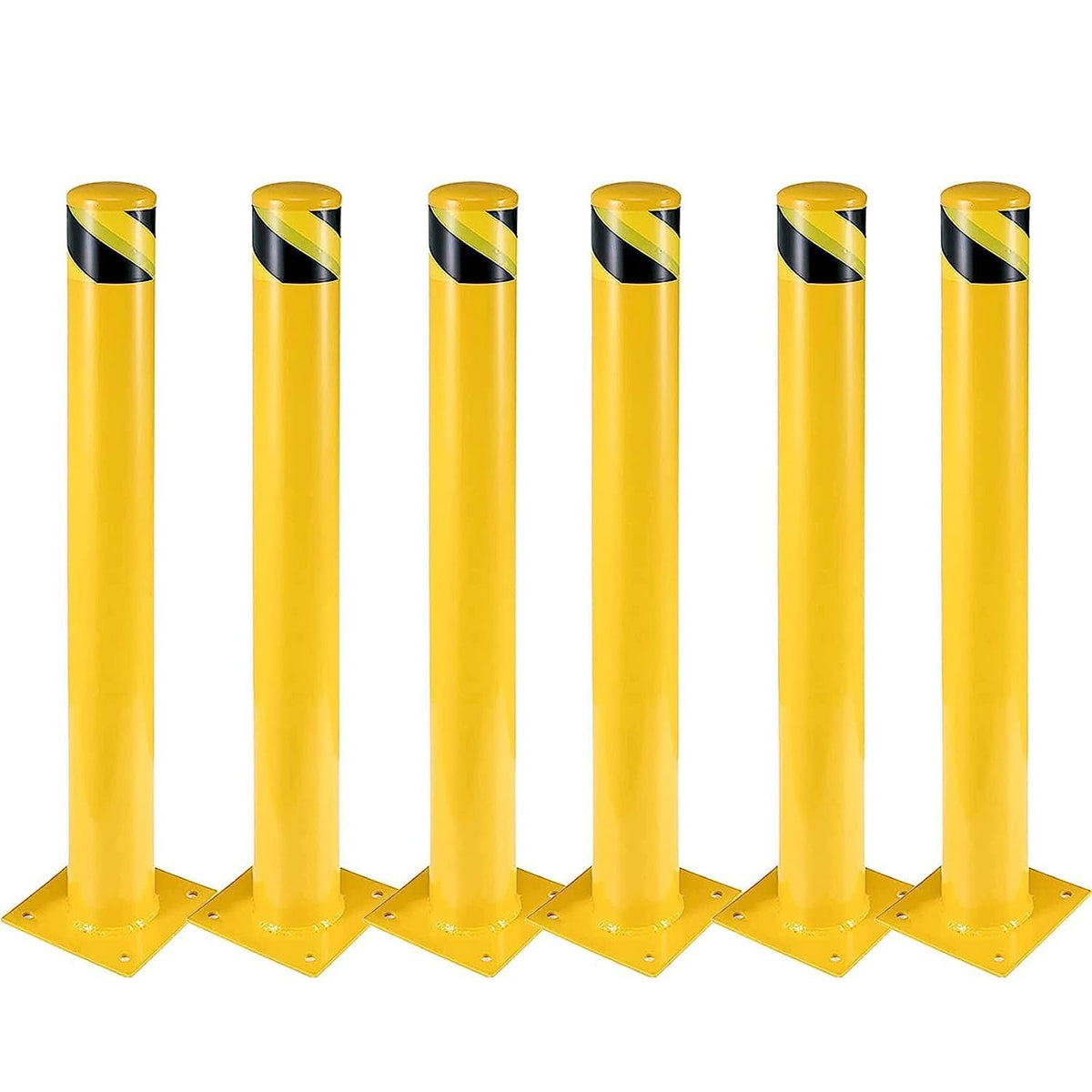 6-Pack 36 Inch Steel Safety Bollards, 4.5 Inch Diameter Parking Bollard Post with 24 Anchor Bolts, Yellow Safety Steel Bollard Post for Driveway Barrier, Traffic Control & Storefront Protection