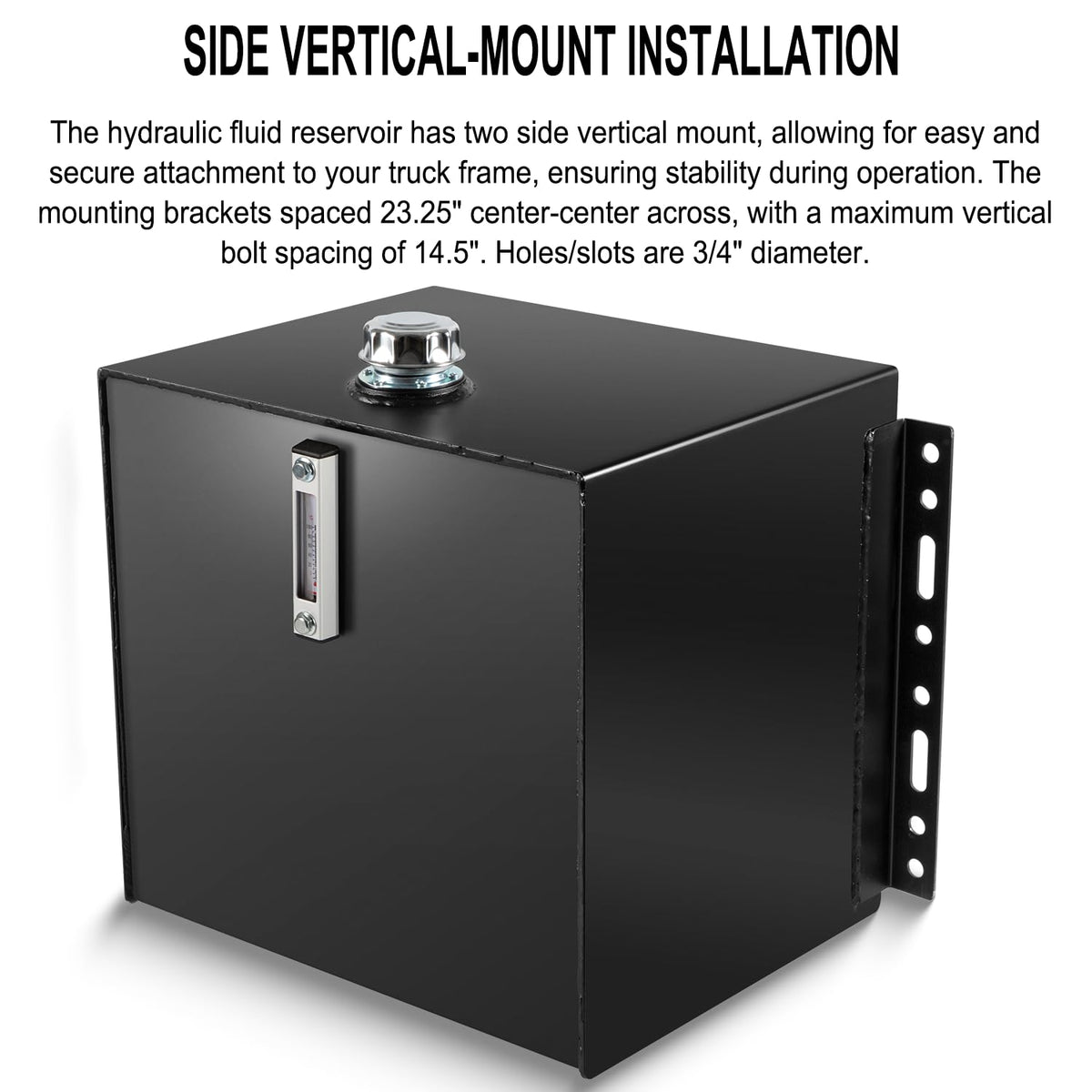 25-Gallon Hydraulic Fluid Reservoir Oil Tank For Tractors, Trucks & Log Splitters, Built-in Sight Gauge/Temp Gauge Combo, 2" Wide Fill Port, Heavy Duty Steel Construction, Side Vertical-Mount