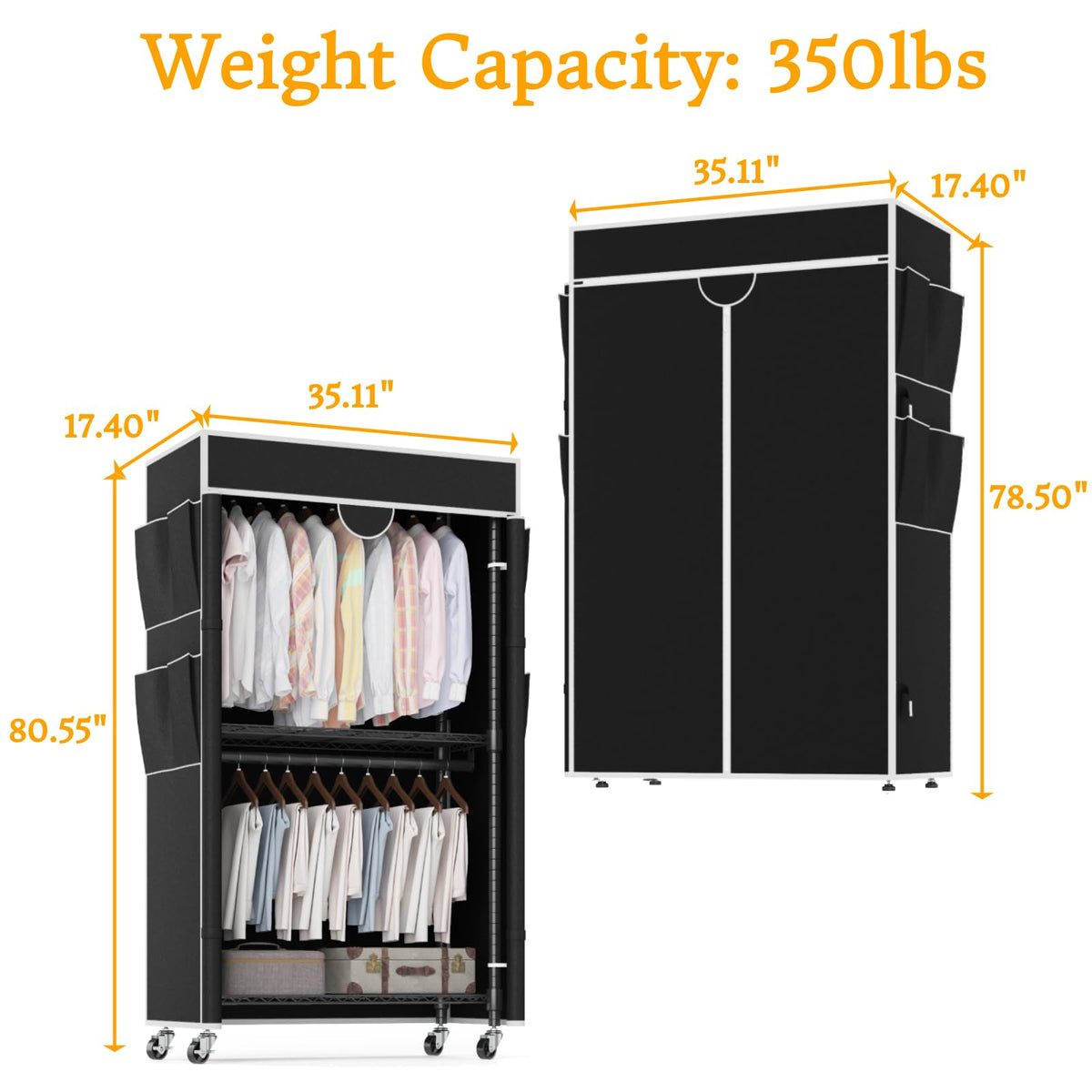 Homdox Garment Rack with Cover, Heavy Duty Clothing Rack for Hanging Clothes, Portable Closet Wardrobe, Double Rods Garment Rack with wheels, 35.1" W x 17.4" D x 80.6" H, Black