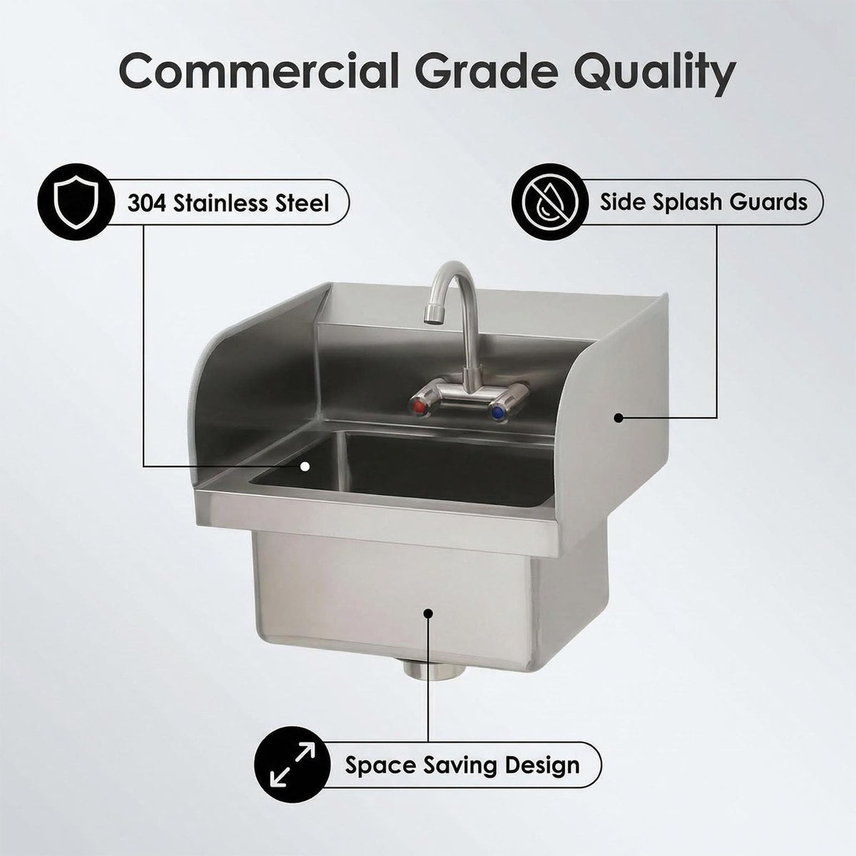 GarveeTech Commercial Stainless Steel Hand Wash Sink with Side Splash Guards, Small Wall Mount or Drop-In Handwashing Basin, 360° Swivel Faucet & Drain Kit for Restaurant Kitchen Bar Garage