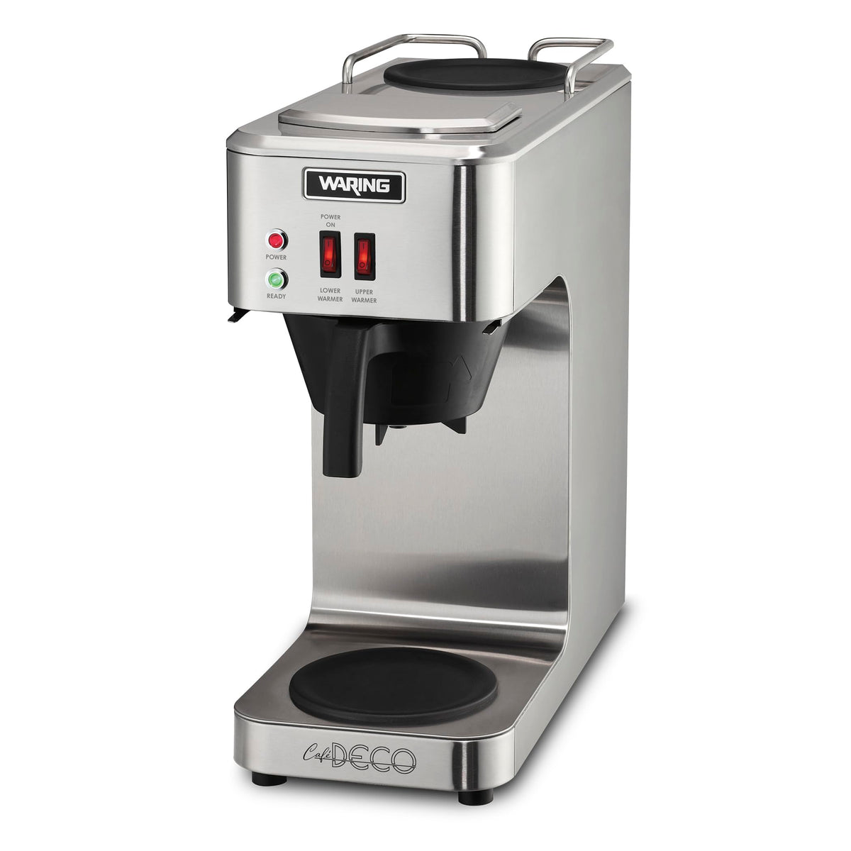 Waring Commercial Café Deco Pour Over Coffee Brewer, 3 Gallons per Hour, 2 Individual Warmers, Fits Large 64 oz Decanters, Stainless Steel, No Plumbing, NSF Certified, WCM50