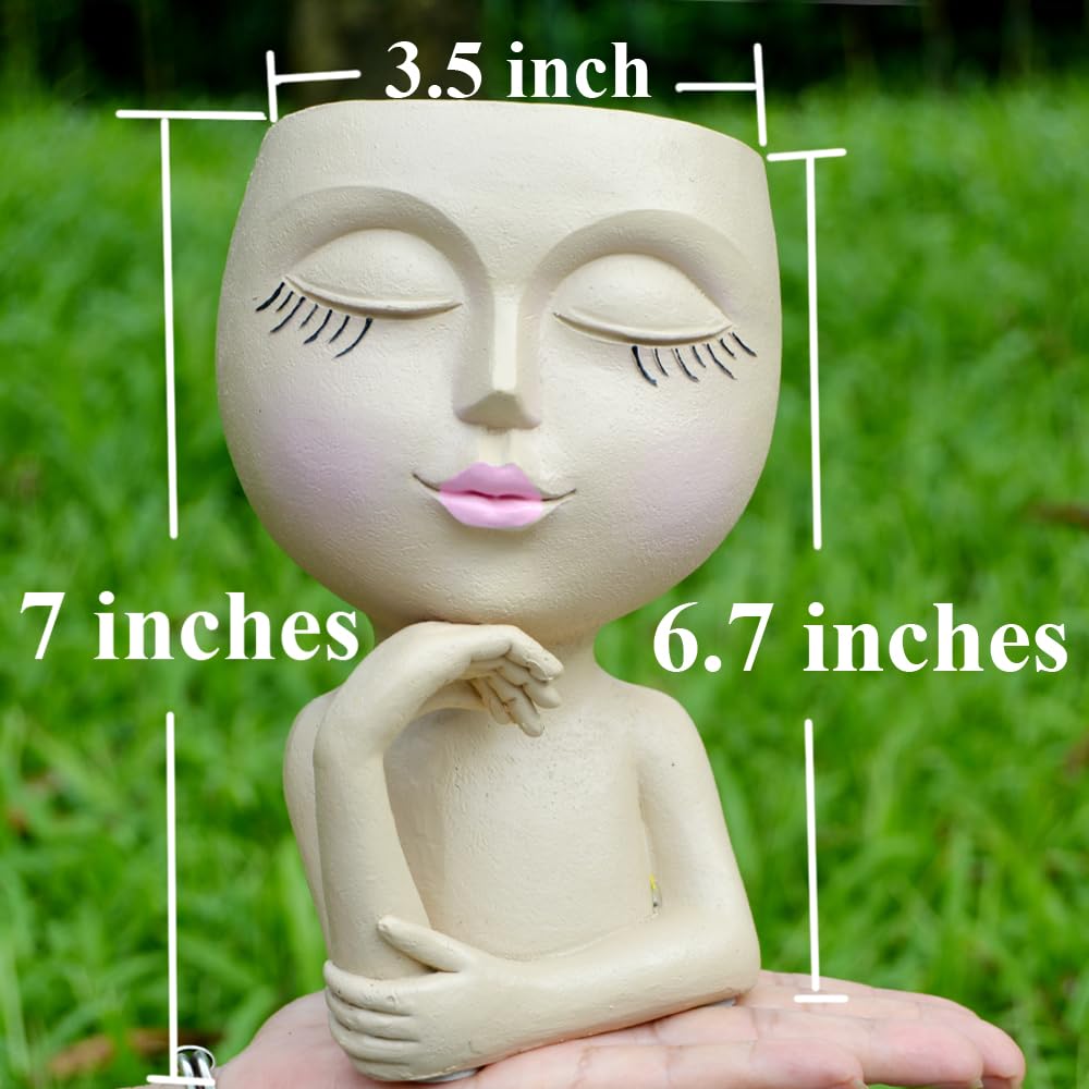 Face Planters Pots Head Planter, Plant Pots with Heads for Plants, Lady Statue Plant Pot, Unique Flower Pots with Drainage, Thinking Women Statue, Boho Vase, Cute Vases Home Decor Gift (7 Inch Khaki)