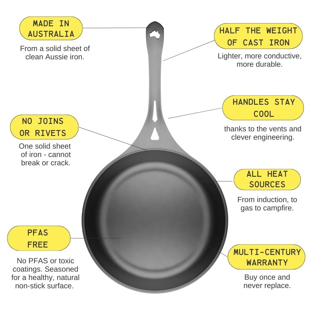 SOLIDTEKNICS 8" Outdoor Skillet Set – Naturally Seasoned Australian Iron Skillet with Lil Flippa Stainless Flipper & Mini Pan Scraper Lightweight Camping Cookware for Grill & Campfire Cooking